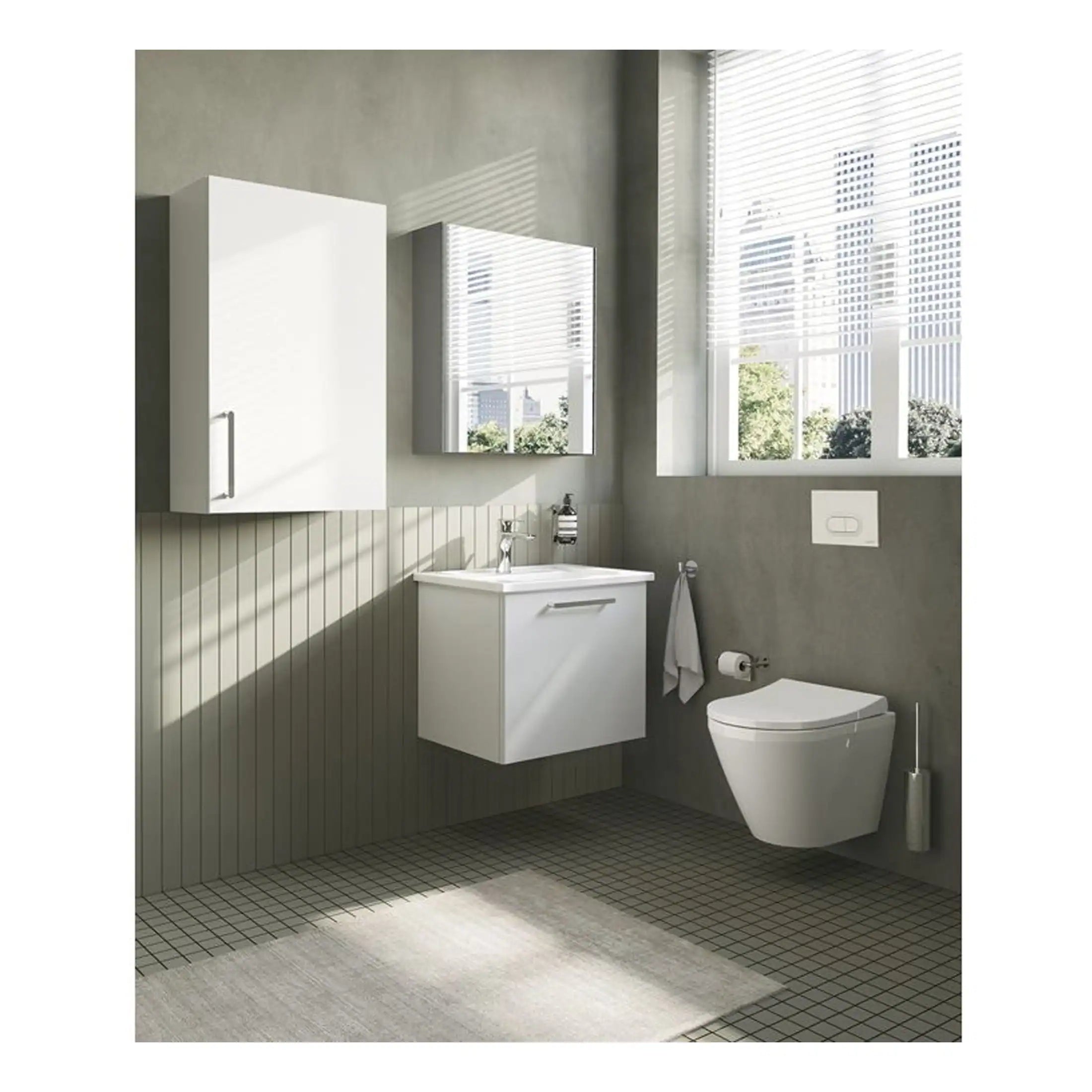 Modern minimalist bathroom with wall-mounted vanity, sleek toilet, and storage cabinets, featuring natural light and city views for a contemporary bathroom design.