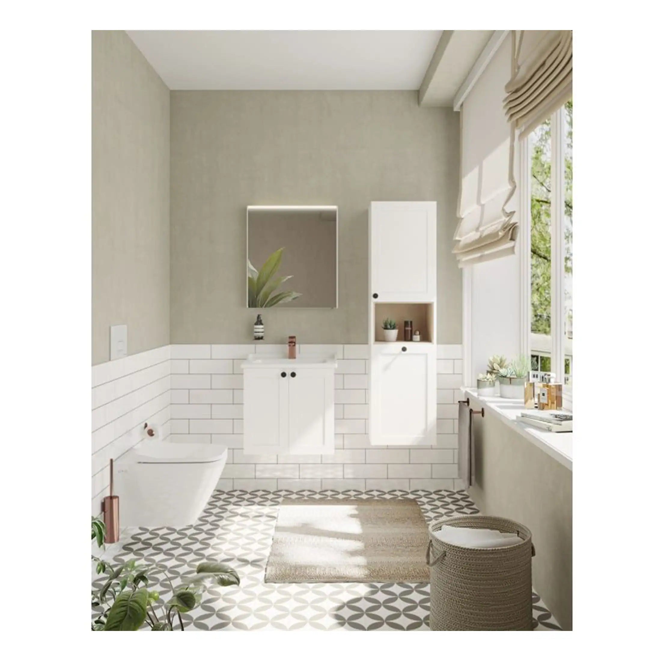 Bright and modern bathroom design with white fixtures, minimalist cabinetry, patterned floor tiles, and large windows bringing in natural light, perfect for contemporary Bubly bathrooms.