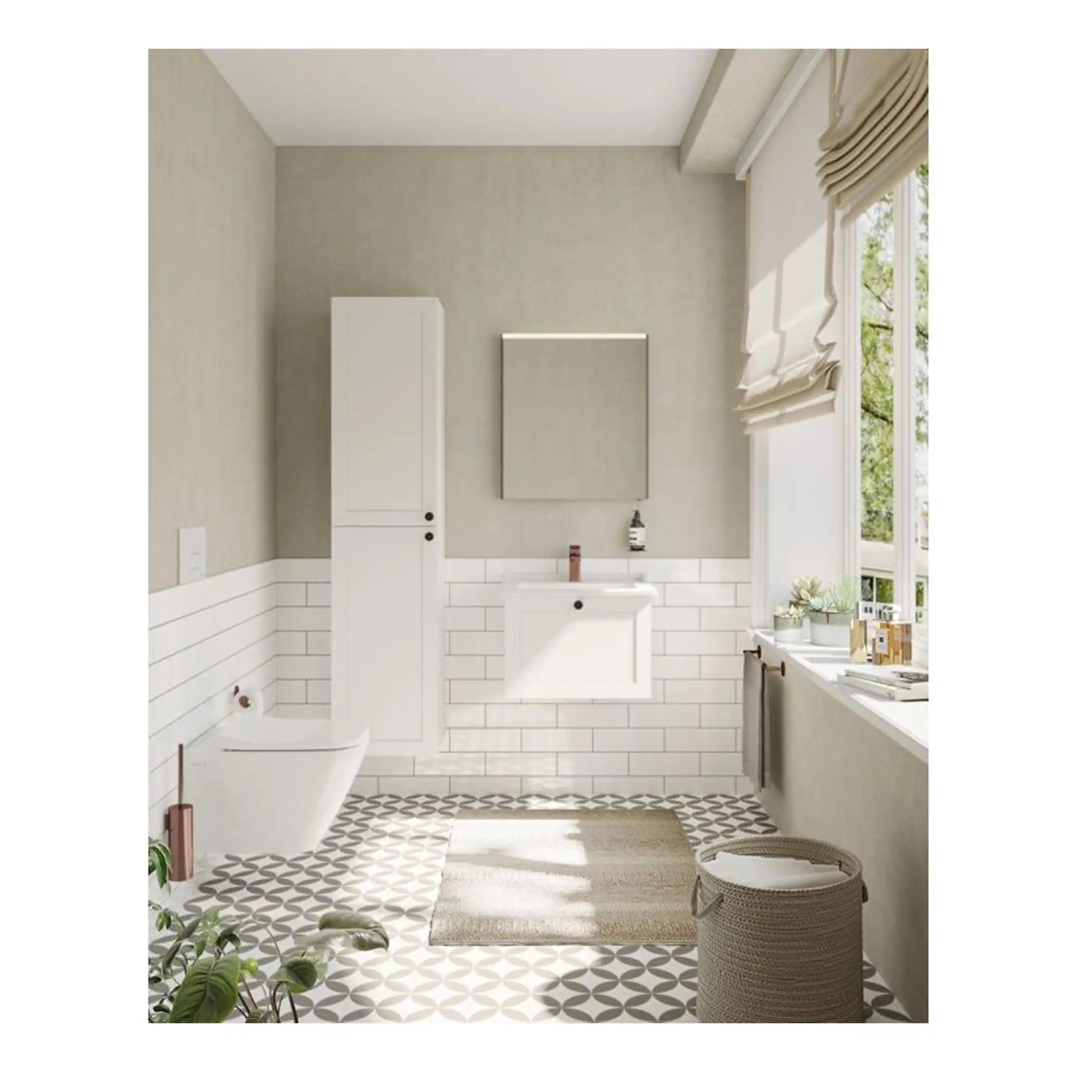 Modern white bathroom with a corner bathtub, wall-mounted sink, tall storage cabinet, and large window with Roman blinds; featuring neutral tones and stylish decor for contemporary Bubly bathrooms.