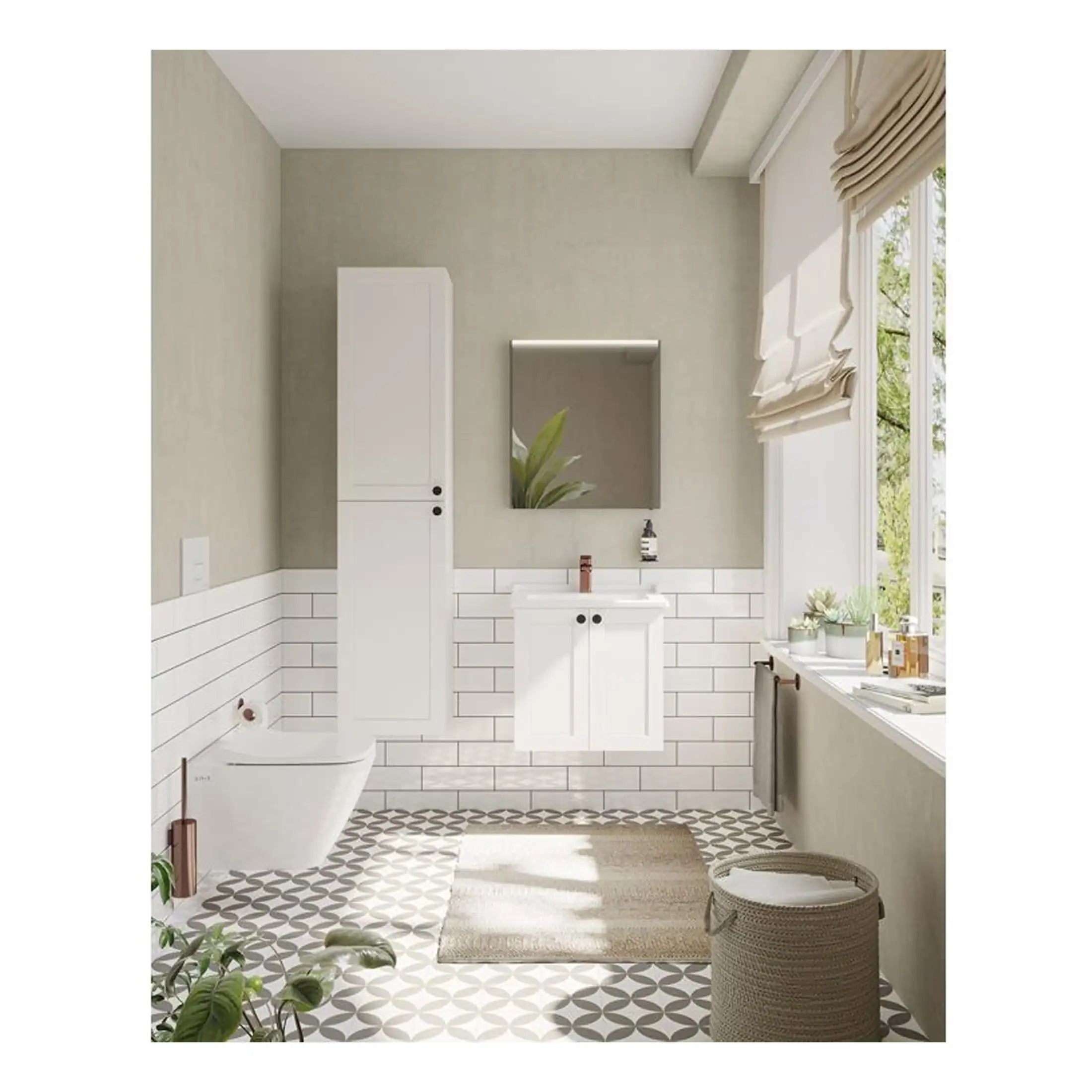 Bright modern bathroom featuring white fixtures, a sleek vanity with a mirror, patterned floor tiles, and natural light streaming through large windows, creating a fresh and inviting space.