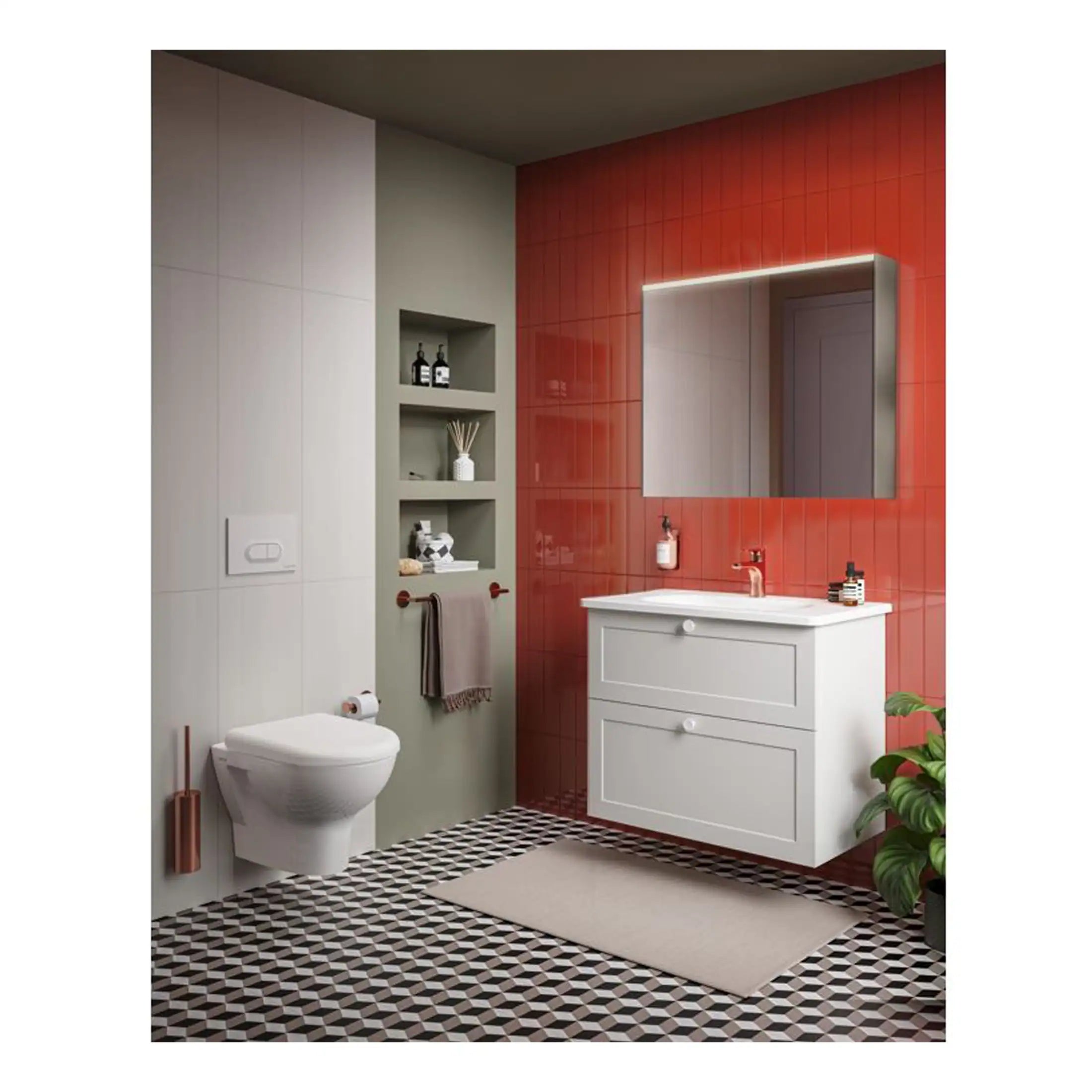 Sleek modern bathroom with a white vanity, large mirror with LED lighting, stylish red tiled wall, geometric patterned floor, and contemporary accessories creating a minimalist, functional space.