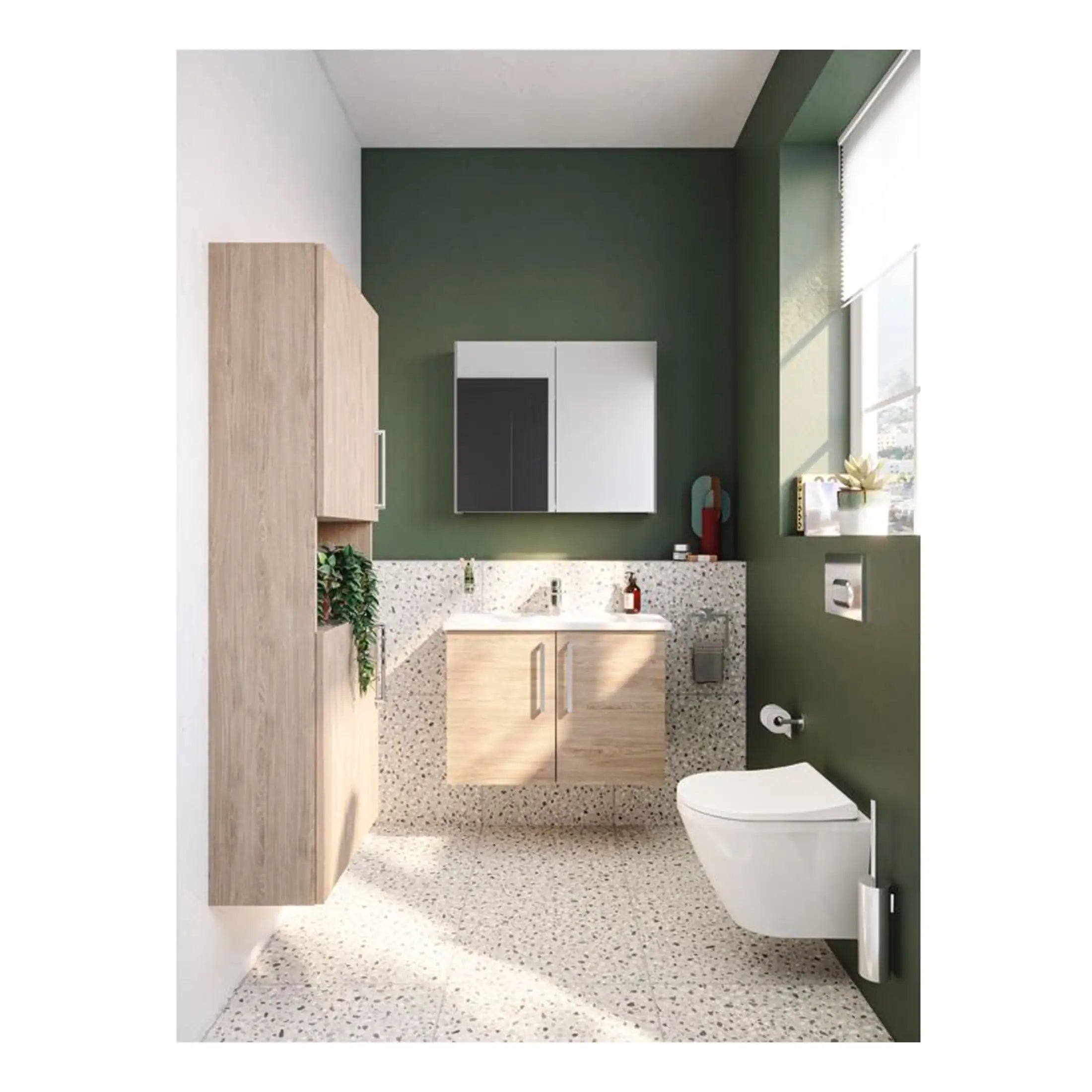 Sleek modern bathroom with green accent wall, wooden vanity, terrazzo flooring, wall-mounted toilet, and contemporary storage solutions, creating a fresh and stylish bathroom decor.