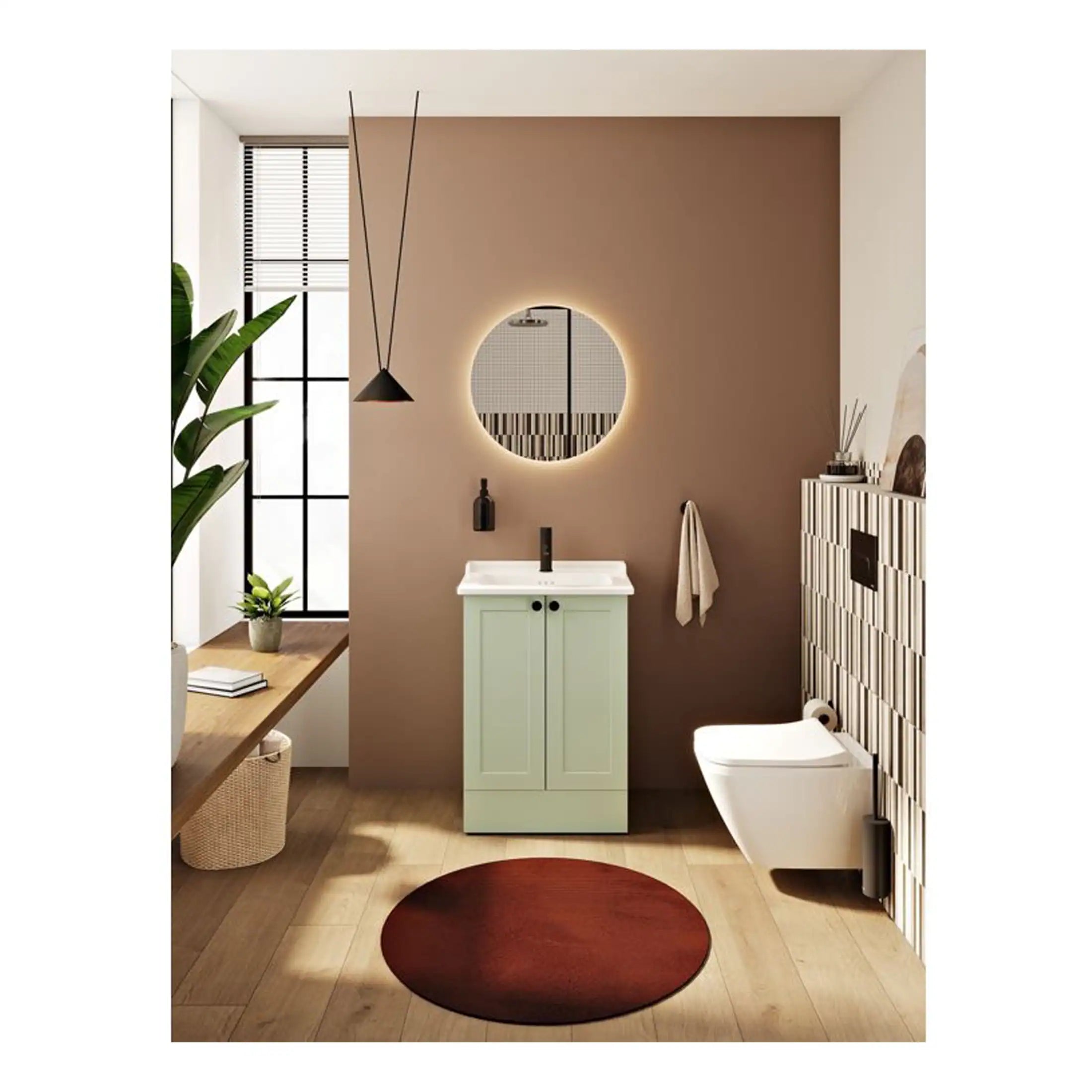 Contemporary bathroom with modern vanity sink, round mirror with back LED lighting, wall-mounted toilet, natural wooden flooring, and stylish decor accents, creating a minimalist and functional space.