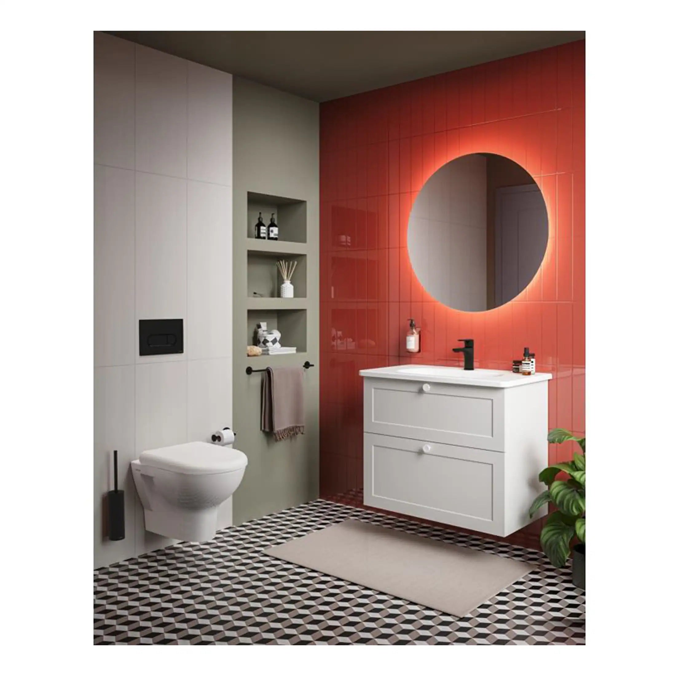 Modern bathroom with a stylish vanity unit, illuminated round mirror, and contemporary tile design in a sleek, minimalist space; perfect for modern bathroom renovations.