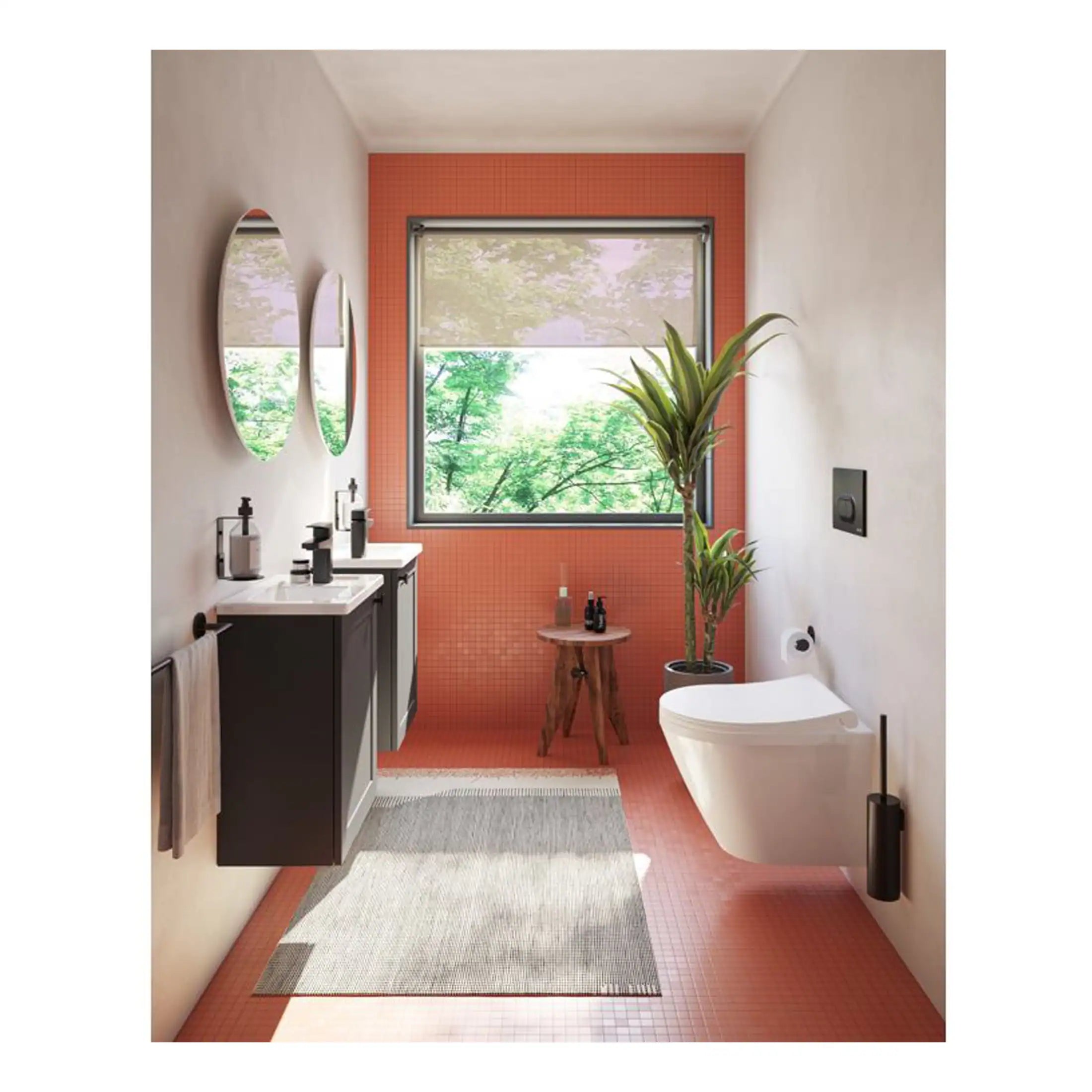 Contemporary bathroom interior with double vanity sinks, wall-mounted toilet, large window, and indoor plant, showcasing modern Bubly Bathrooms design with stylish fixtures and natural light.