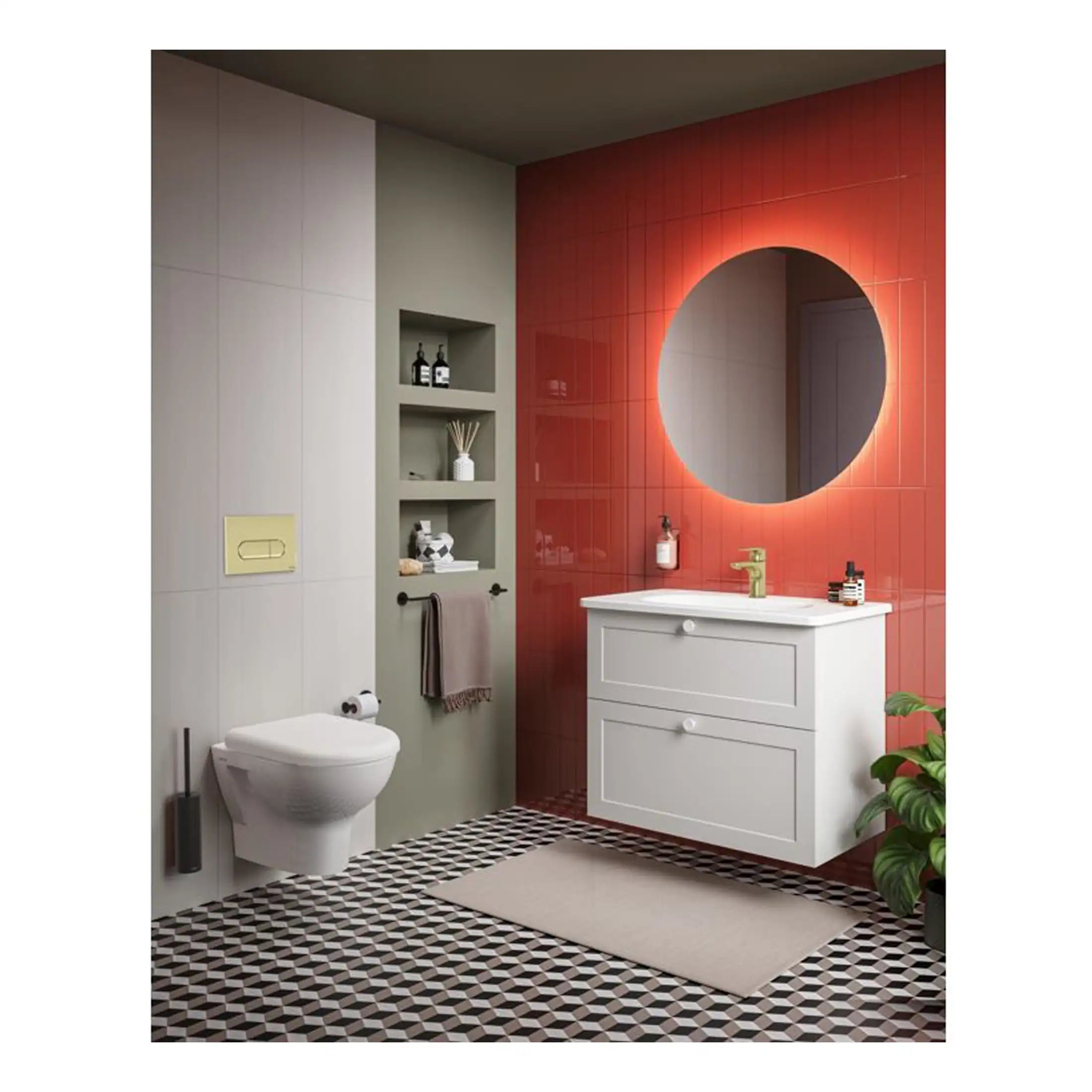 Contemporary bathroom featuring a modern white vanity unit, round backlit mirror, grey and red tiled walls, geometric patterned floor, and stylish accessories creating a sleek, functional space.