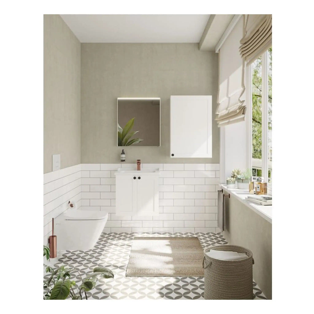 Bright and airy bathroom featuring modern white fixtures, a bathtub, and a large window with beige curtains, all designed by Bubly Bathrooms for a stylish, contemporary look.