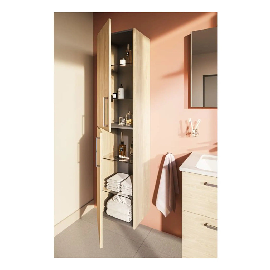 Stylish bathroom storage cabinet with wooden finish, glass shelves, and towel storage, perfect for bathroom organisation and decor.