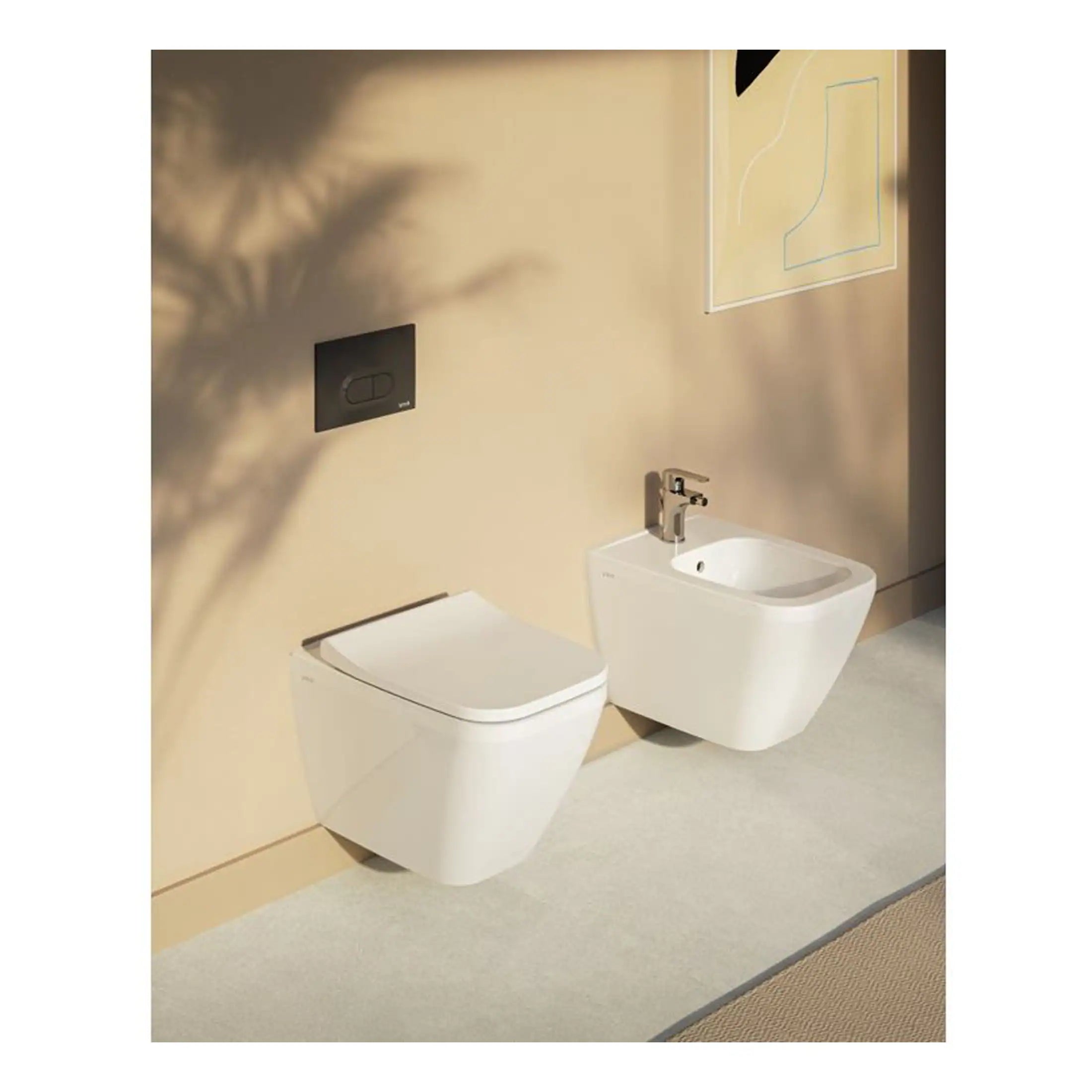 Sleek modern wall-mounted toilet and bidet set with minimalist design, white ceramic finish, and concealed plumbing, perfect for contemporary bathroom interiors.
