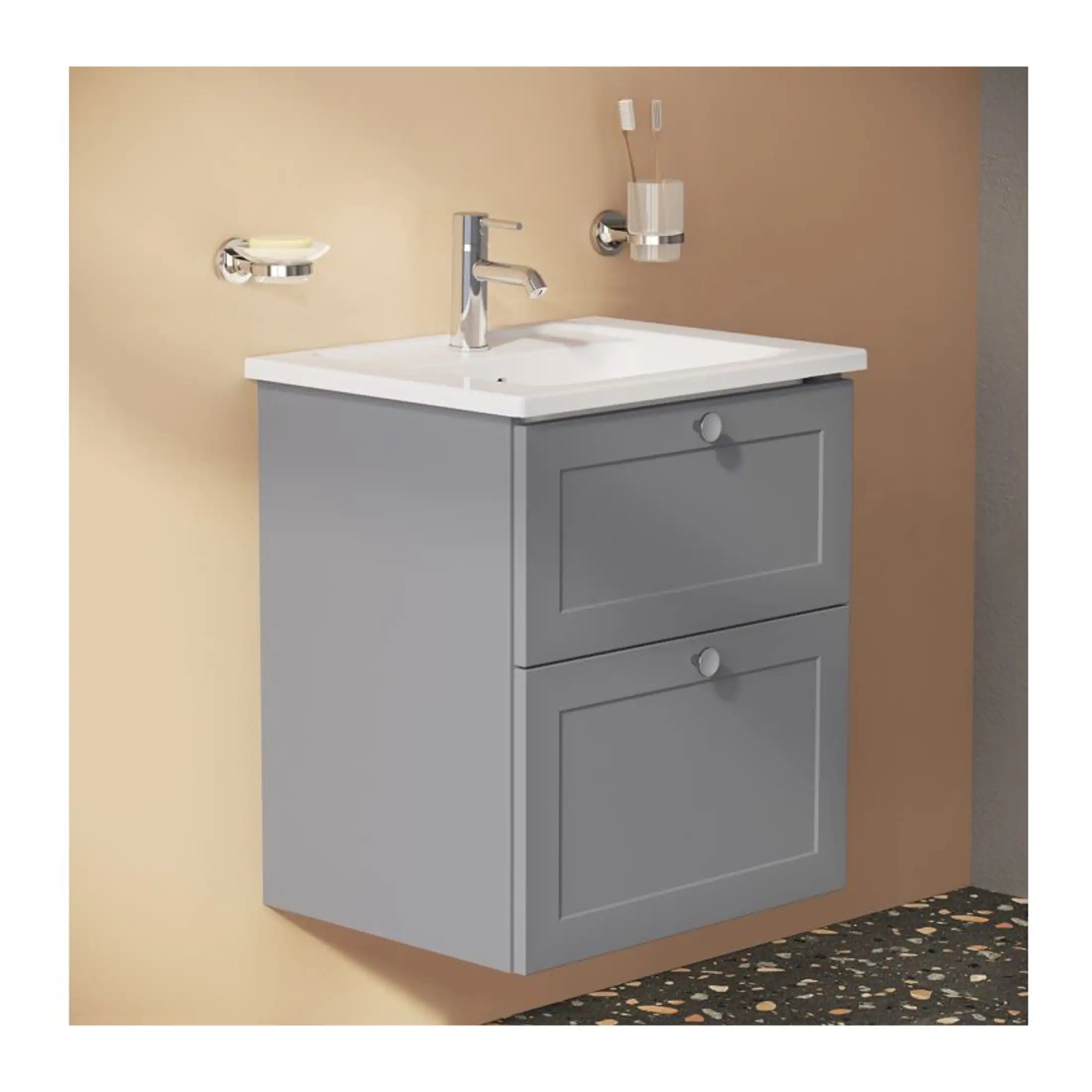 Modern grey bathroom vanity with integrated white ceramic sink, chrome faucet, wall-mounted toothbrush holder, and accessories, ideal for contemporary bathroom designs.