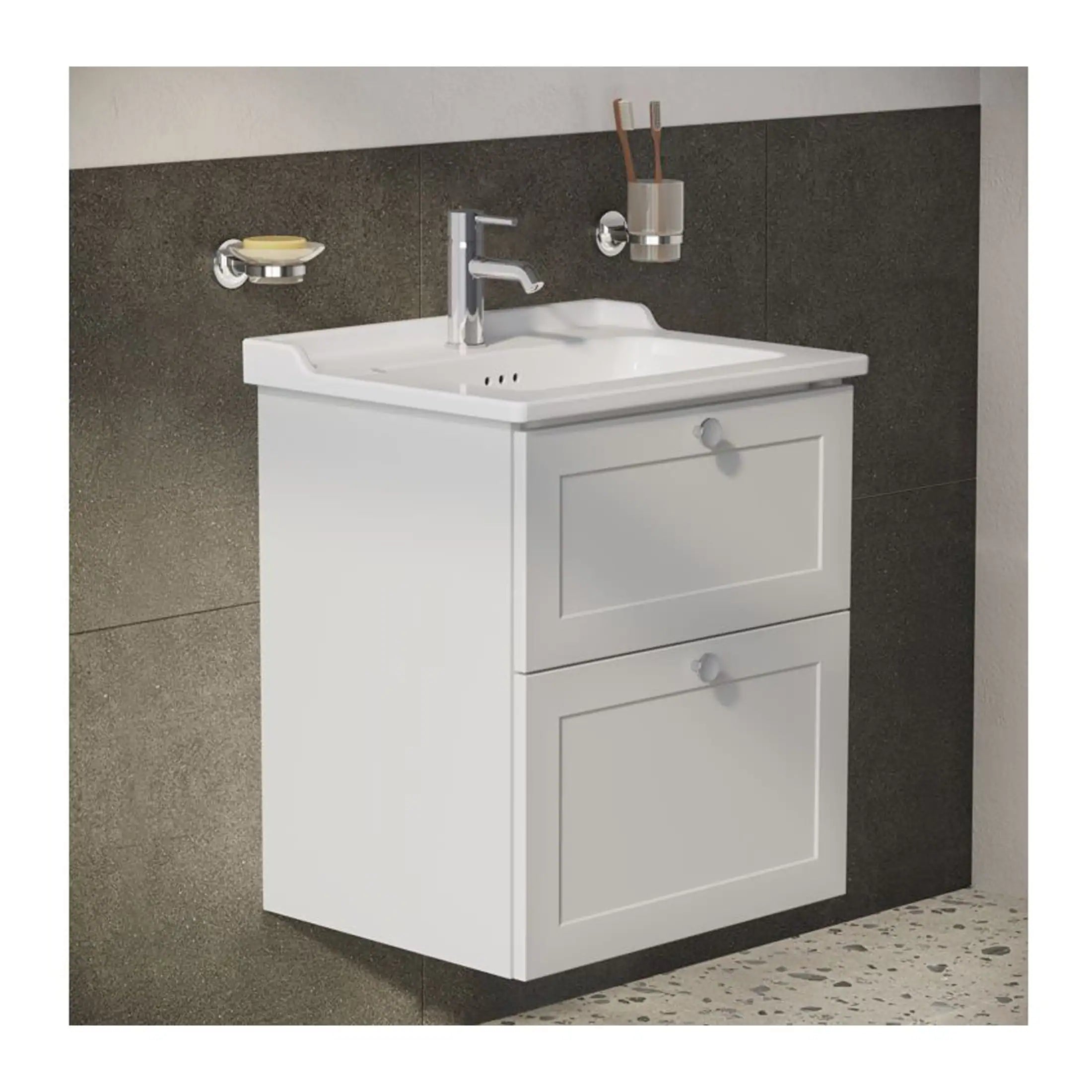 Contemporary white bathroom vanity with integrated sink, chrome faucet, wall-mounted storage, and minimalist design, ideal for modern bathrooms, combining functionality and style.