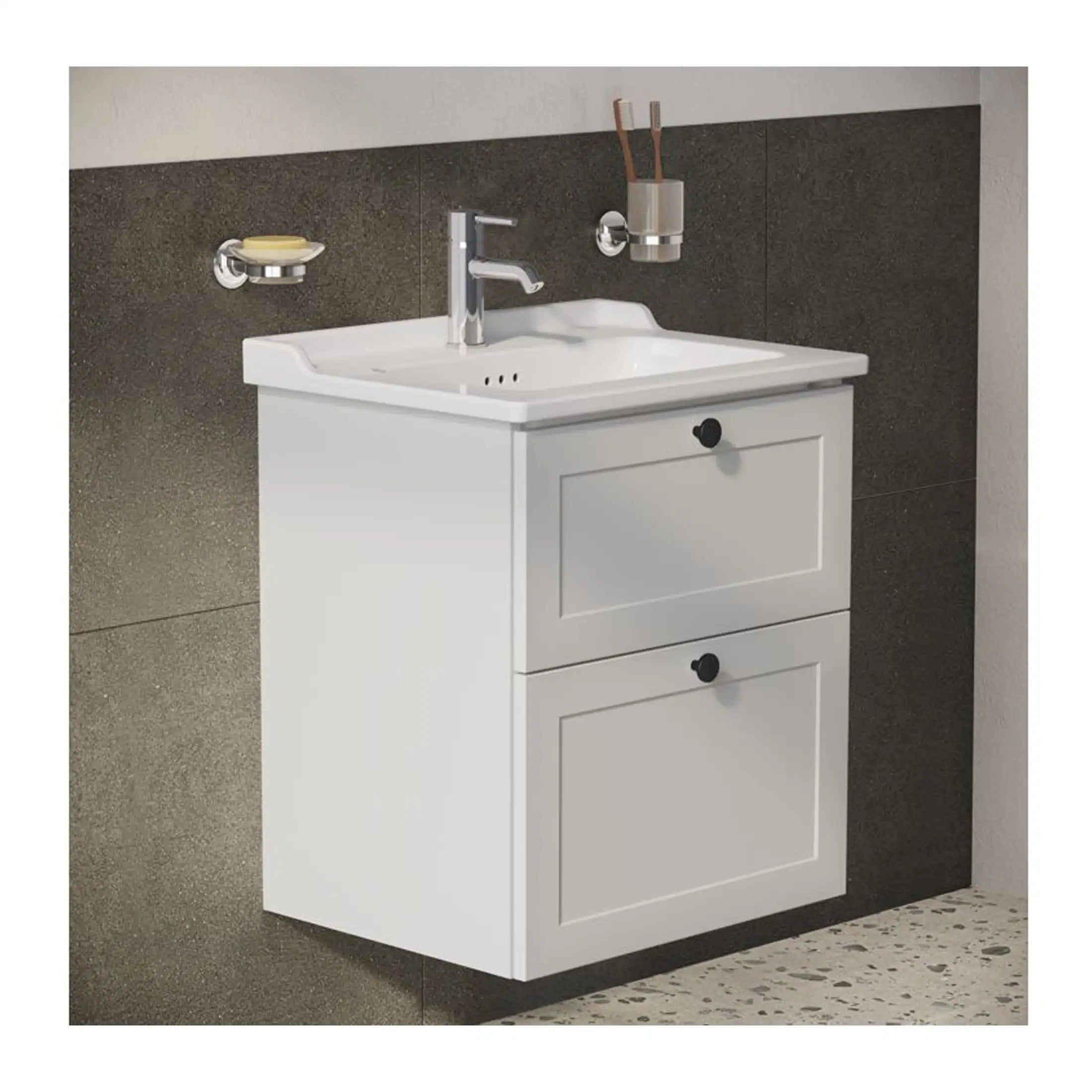 Modern white bathroom vanity with integrated sink and storage cabinet, mounted on a dark tiled wall, featuring chrome fixtures and minimalistic design, perfect for compact bathroom spaces.