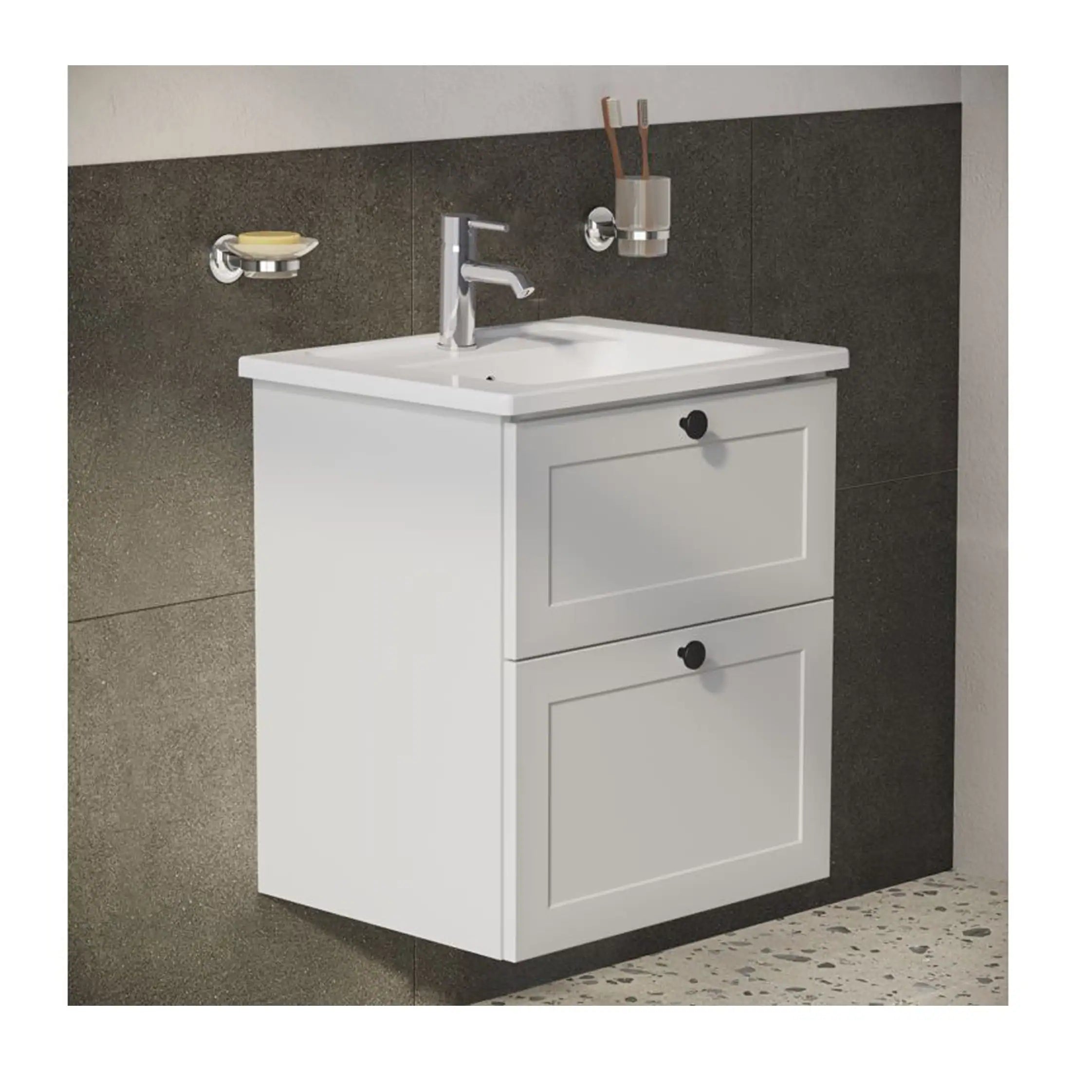 Minimalist white bathroom vanity with integrated sink and modern chrome faucet, wall-mounted with black knob handles, against a dark textured wall for contemporary bathroom decor.