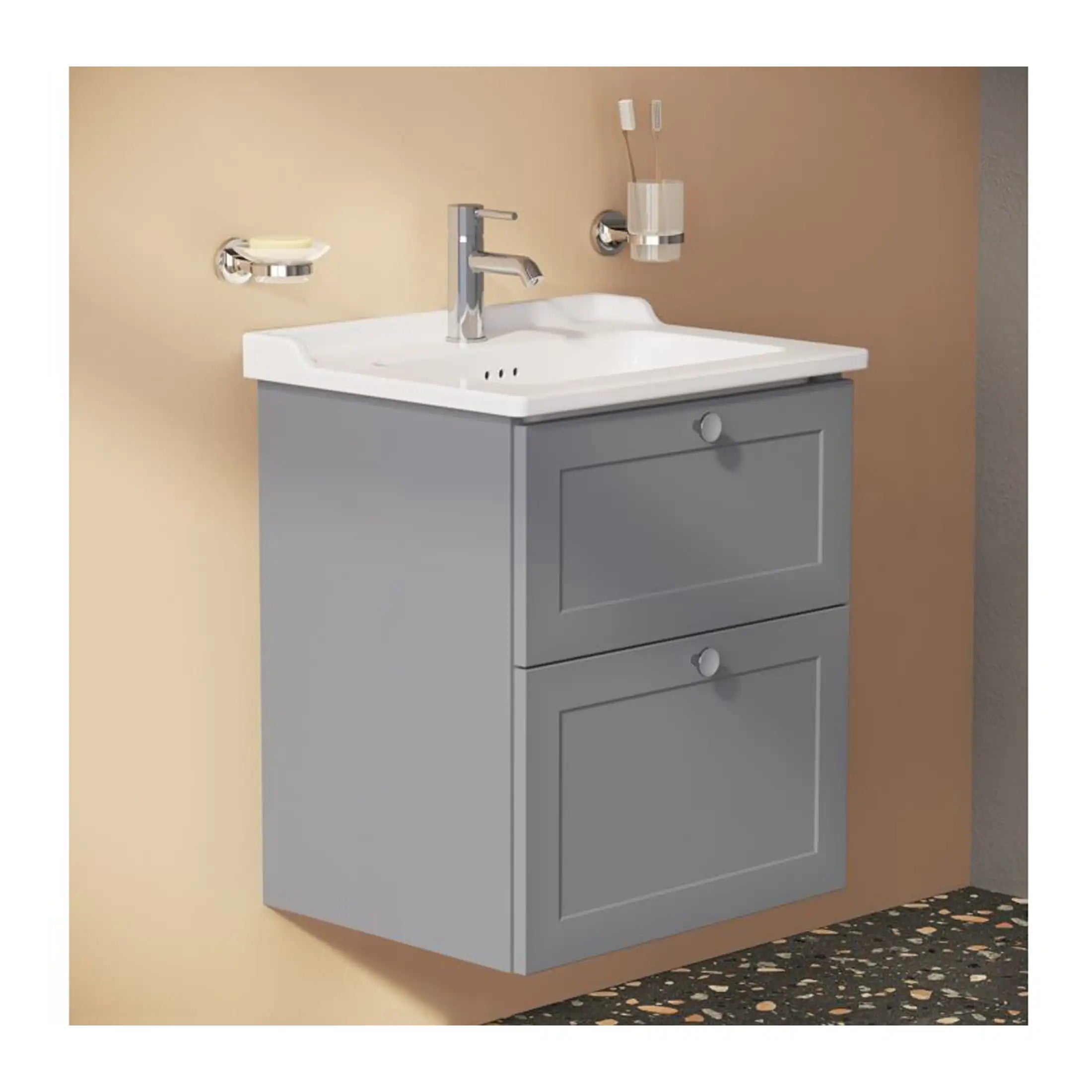 Shower vanity unit with sink in modern bathroom, grey fitted cabinet, wall-mounted accessories, and terrazzo flooring, blending functionality and contemporary style for bathroom renovations.