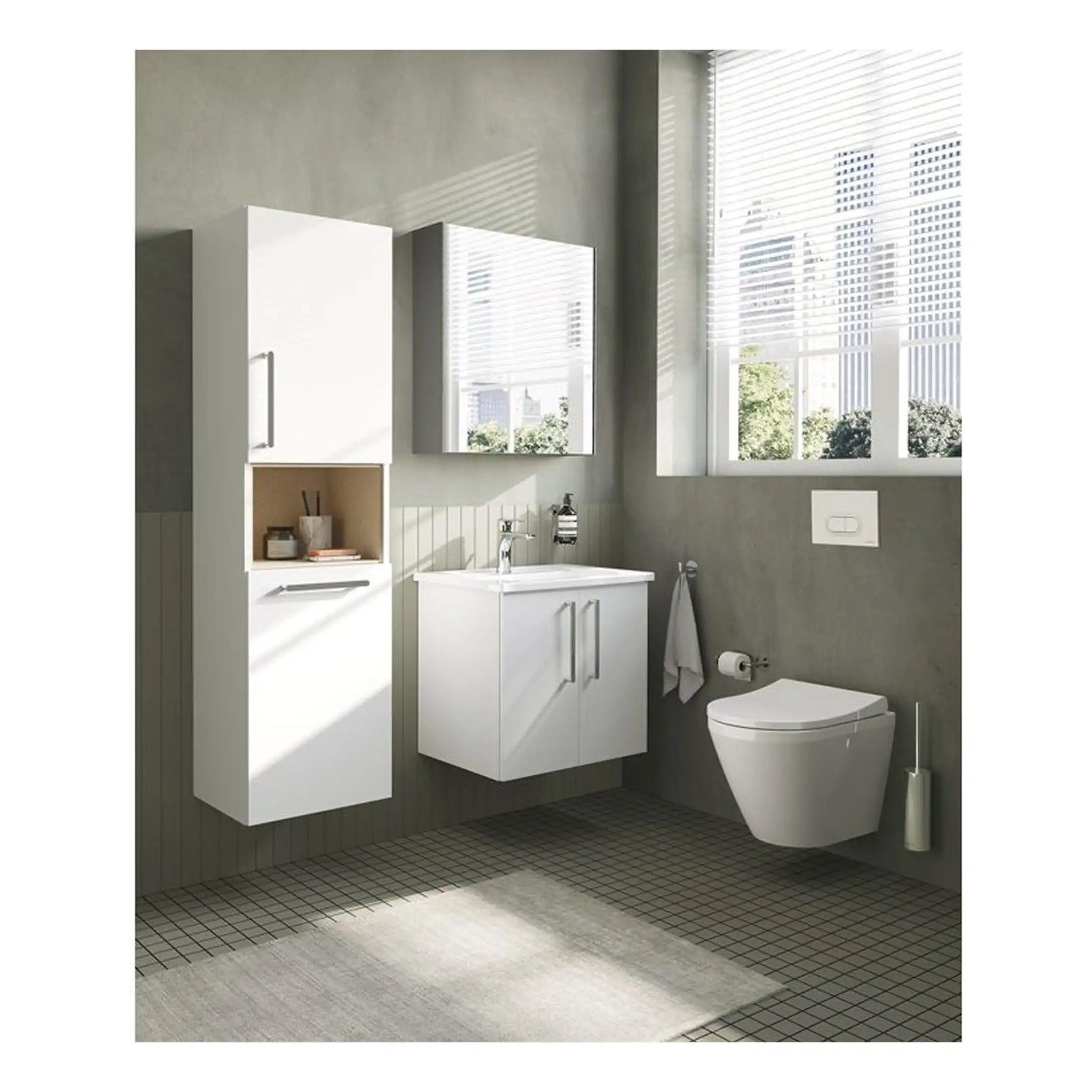 Sleek modern bathroom with white vanity units, wall-mounted toilet, large windows with blinds, and minimalist accessories, featuring contemporary bathroom design from Bubly Bathrooms.