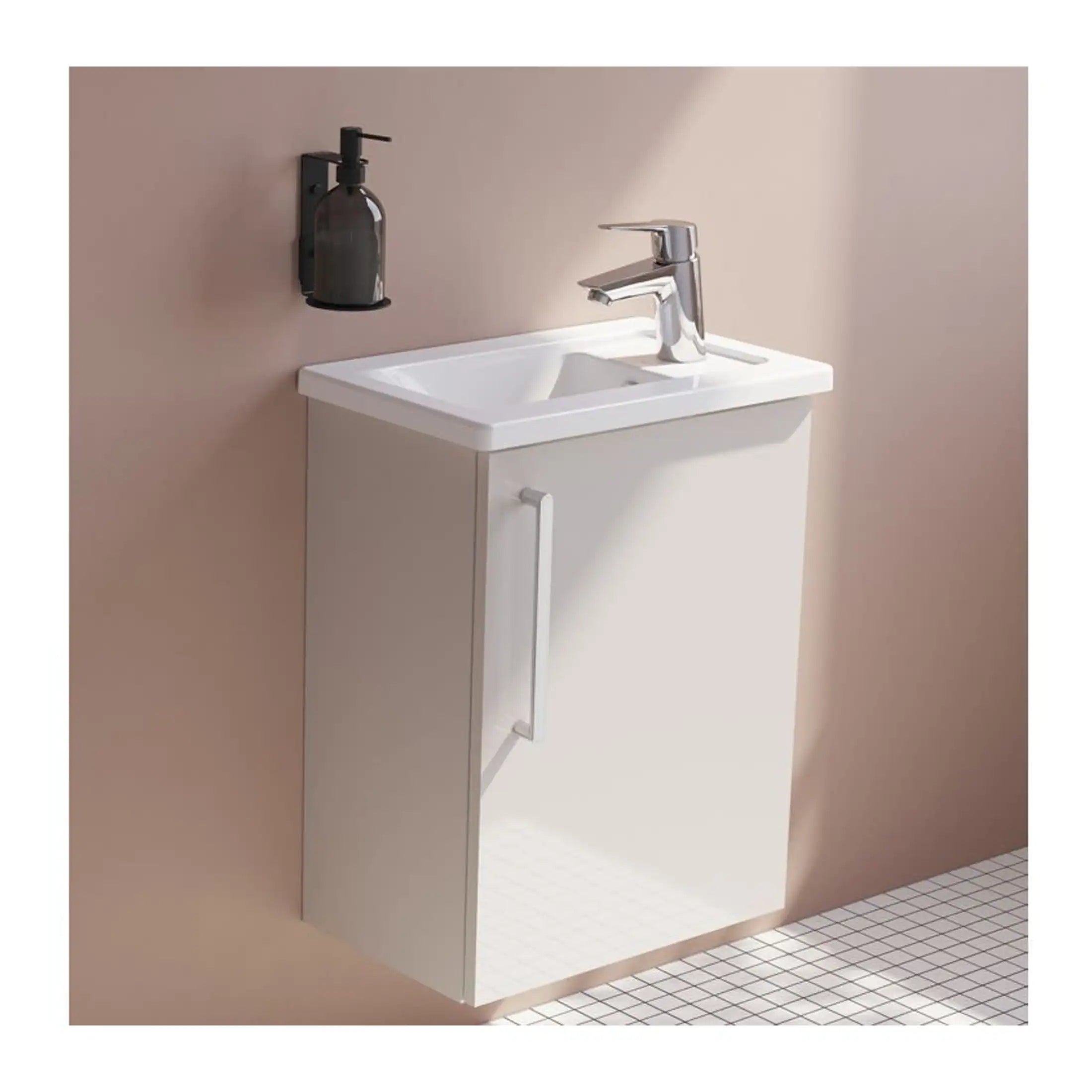 Modern white bathroom sink with cabinet and chrome tap, mounted on a beige wall with soft lighting, ideal for contemporary bathroom decor and space-saving storage solutions.