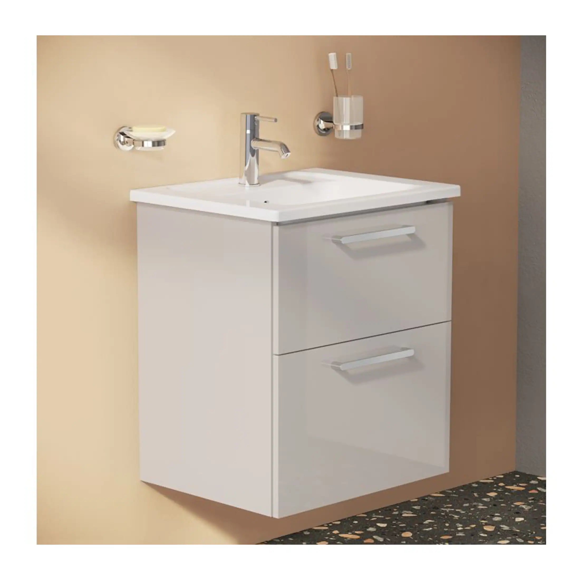 Modern white bathroom vanity with sink and chrome fixtures, beige wall background, ideal for contemporary bathroom renovations.