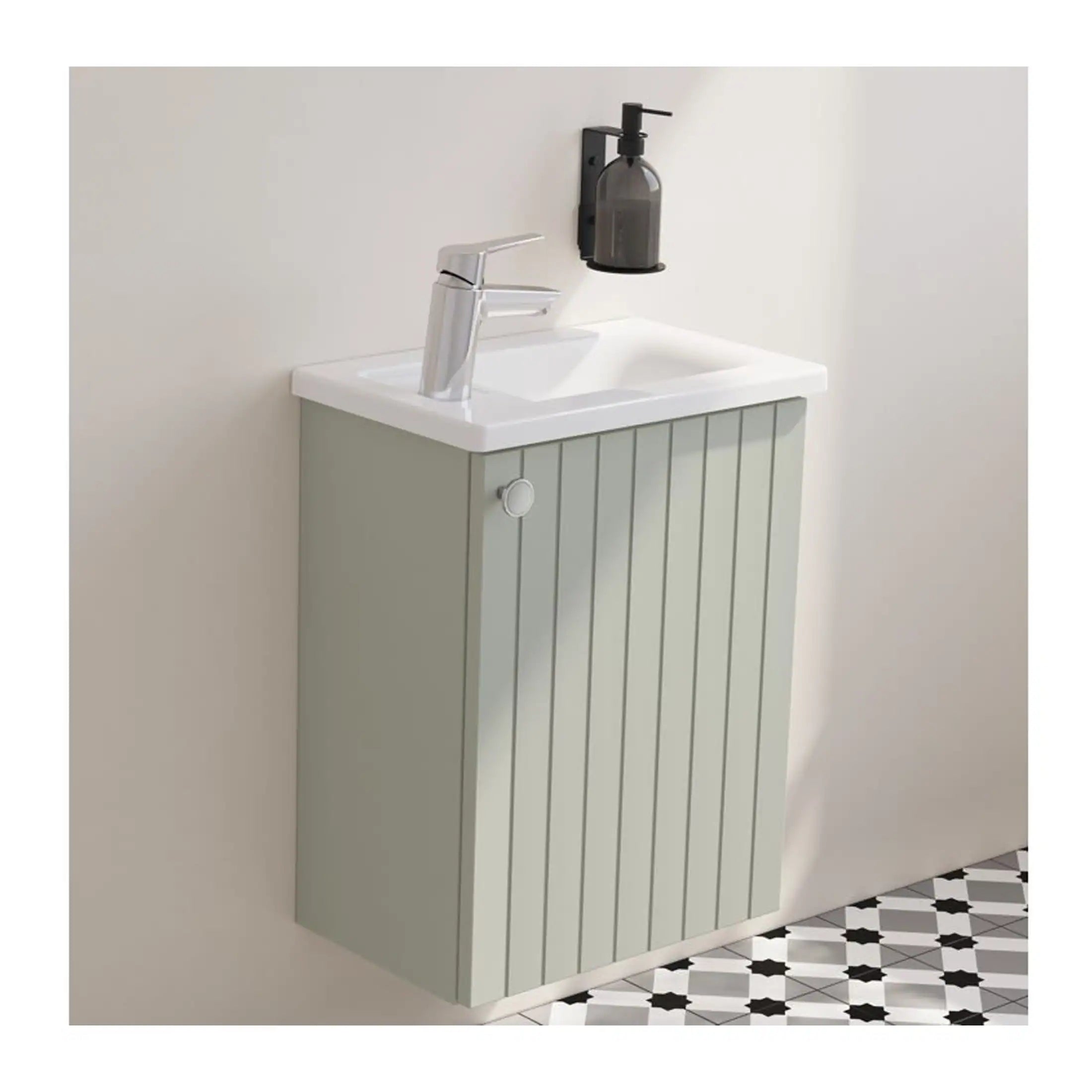 Slimline bathroom vanity unit with integrated sink, modern chrome faucet, and wall-mounted soap dispenser, ideal for compact and stylish bathroom storage solutions.