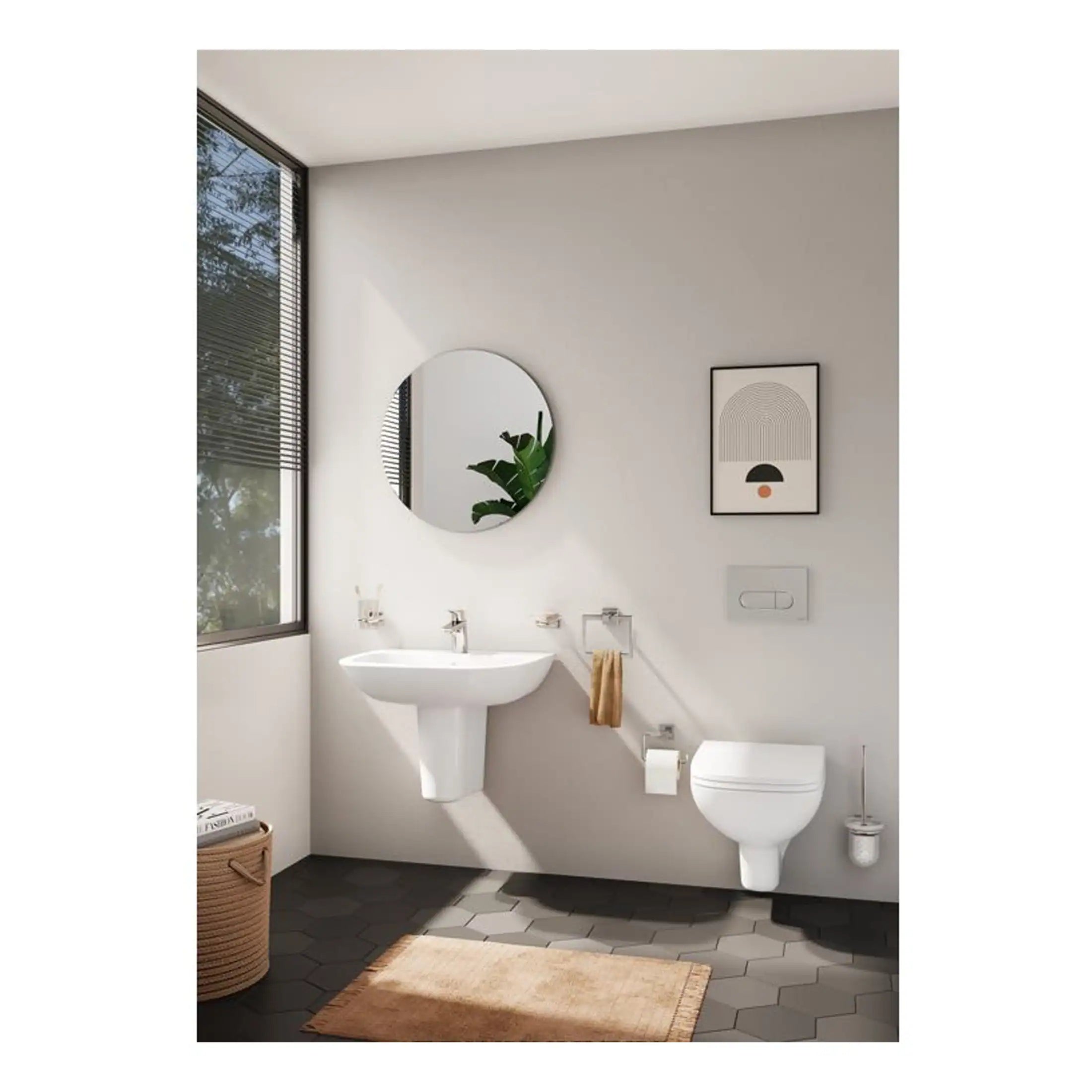 Contemporary minimalist bathroom with wall-mounted toilet, sleek sink, and modern decor, featuring natural light from large window, designed for style and functionality.