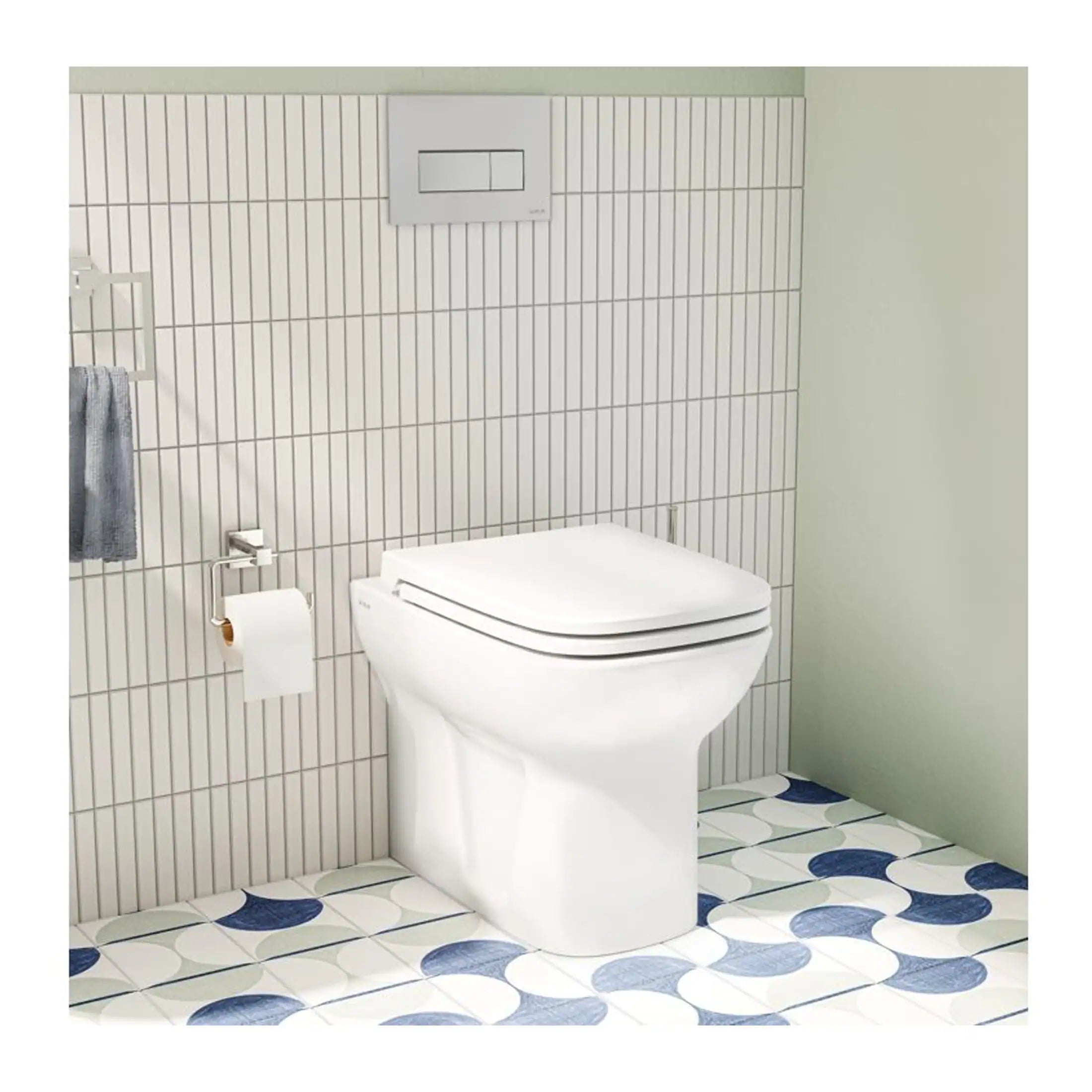 Sleek modern white toilet with bidet seat in minimalist bathroom setting with tiled walls and patterned floor, showcasing stylish and functional bathroom design.