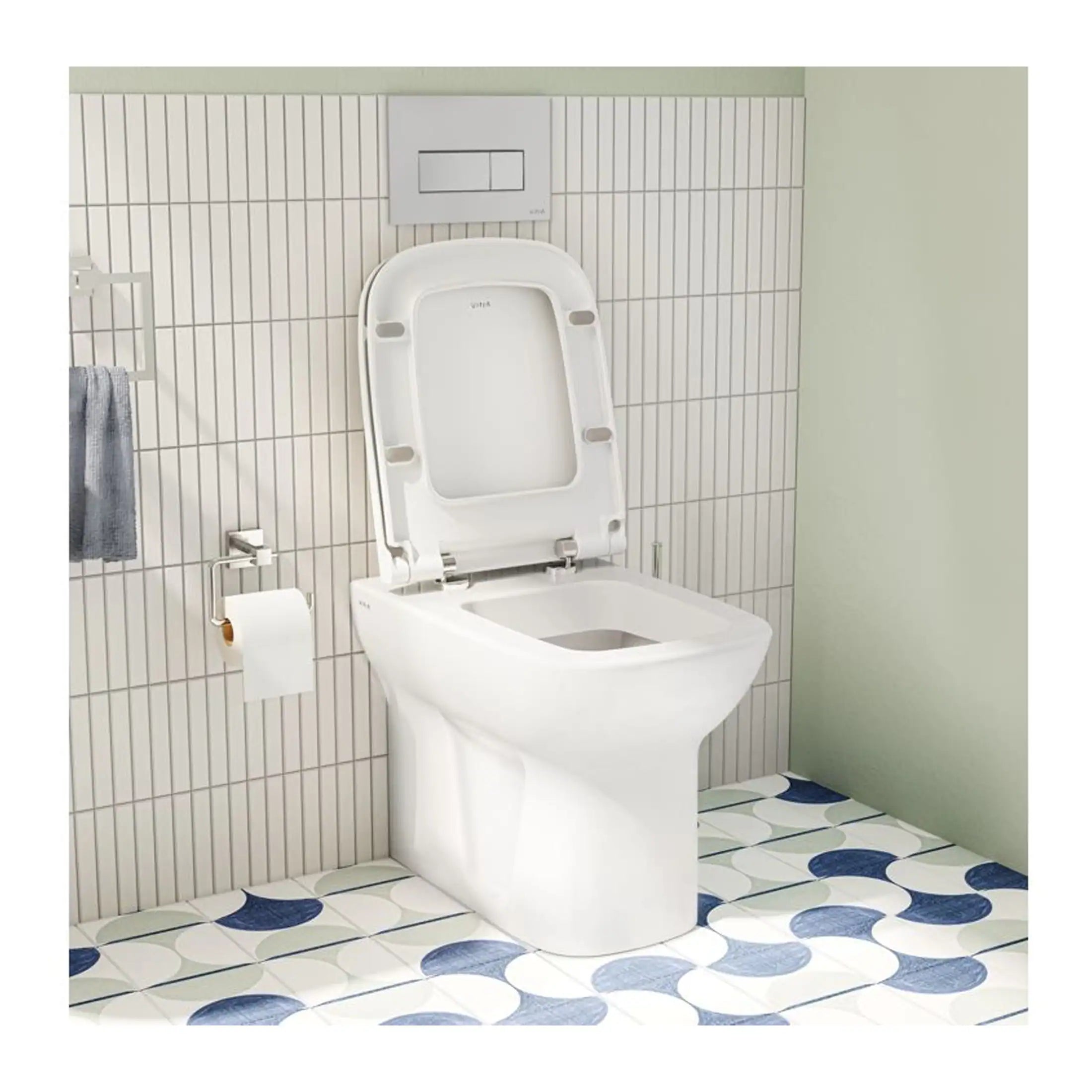 Sleek modern white toilet with soft-close lid in a contemporary bathroom with white tiled walls and patterned blue and white floor tiles, designed for comfort and style.