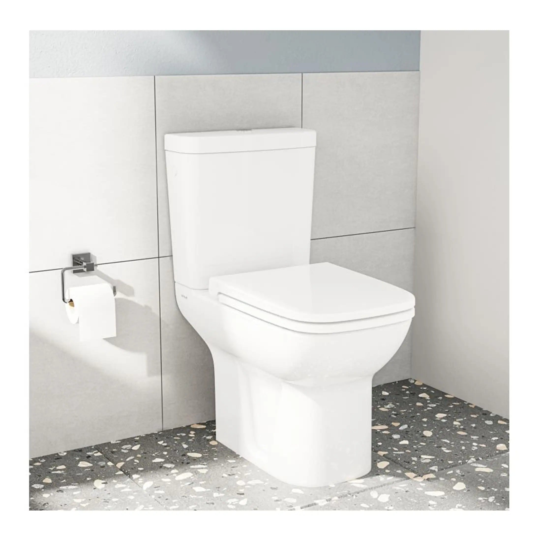 Toilet bowl with modern cistern in minimalist bathroom setting, clean and sleek design, suitable for contemporary bathrooms, complemented by mosaic floor tiles and neutral wall tiles, emphasizing hygiene and comfort.