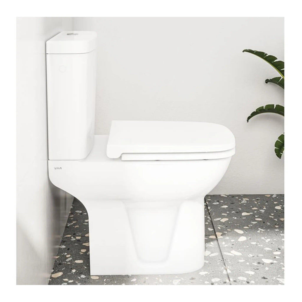 Modern white toilet with dual-flush mechanism and sleek design, perfect for contemporary bathrooms. Features water-saving technology and easy-to-clean surface, ideal for stylish and eco-friendly bathroom spaces.