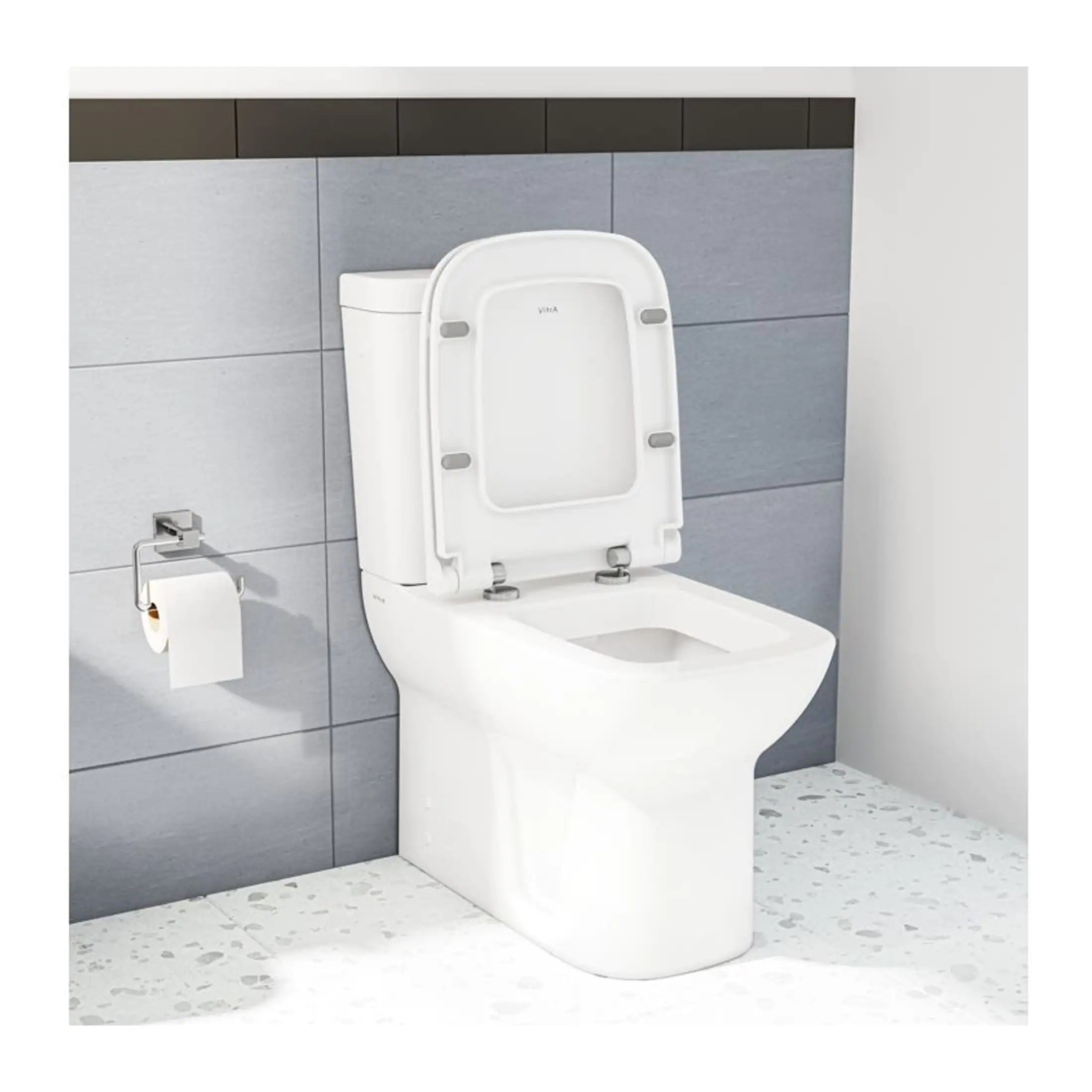 Modern white ceramic toilet with soft-close lid in contemporary bathroom setting; minimalist design with dual flush system and wall-mounted toilet paper holder.