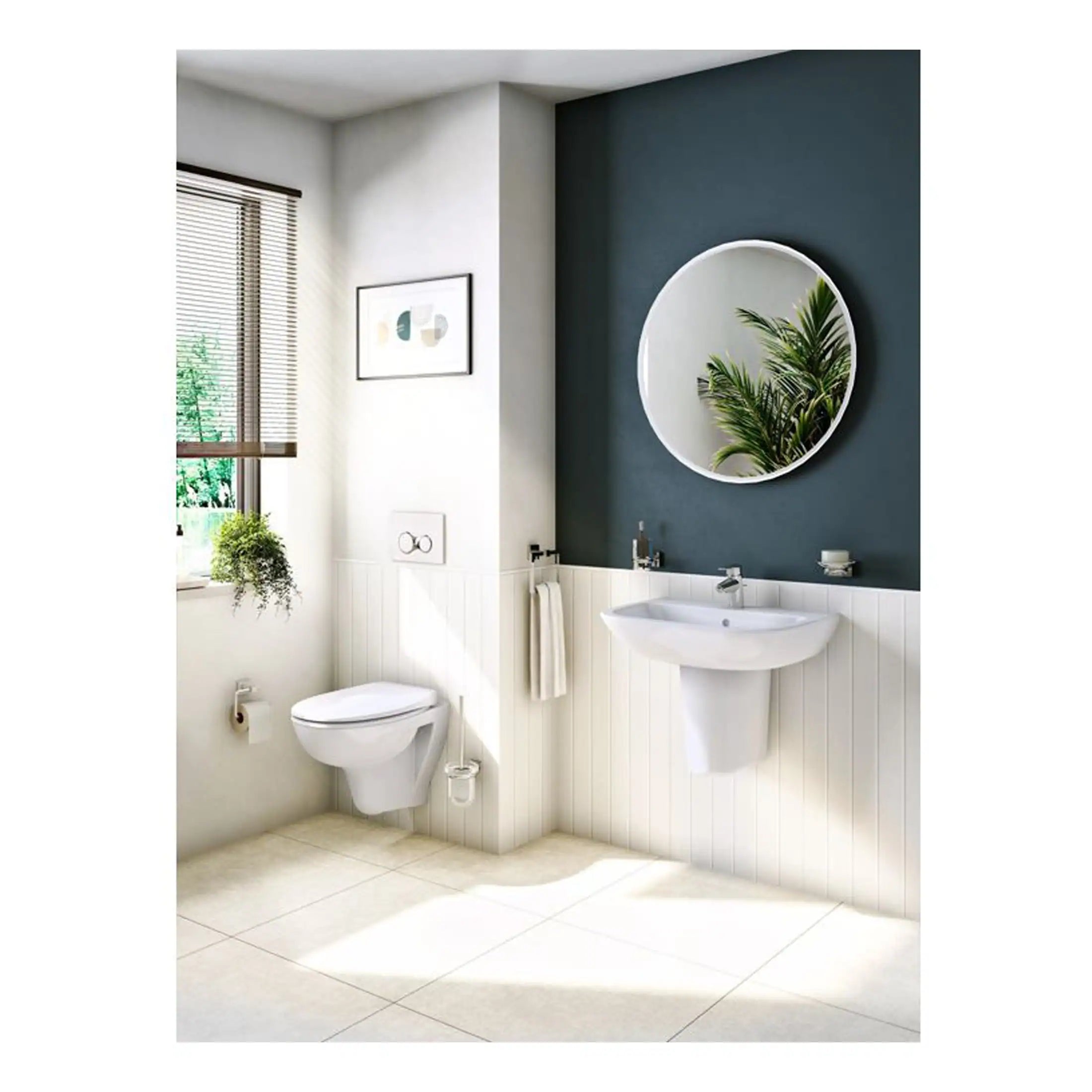 Contemporary bathroom with modern wall-mounted toilet and pedestal sink, blue accent wall, round mirror, natural light, and minimalist decor, ideal for stylish bathroom design.