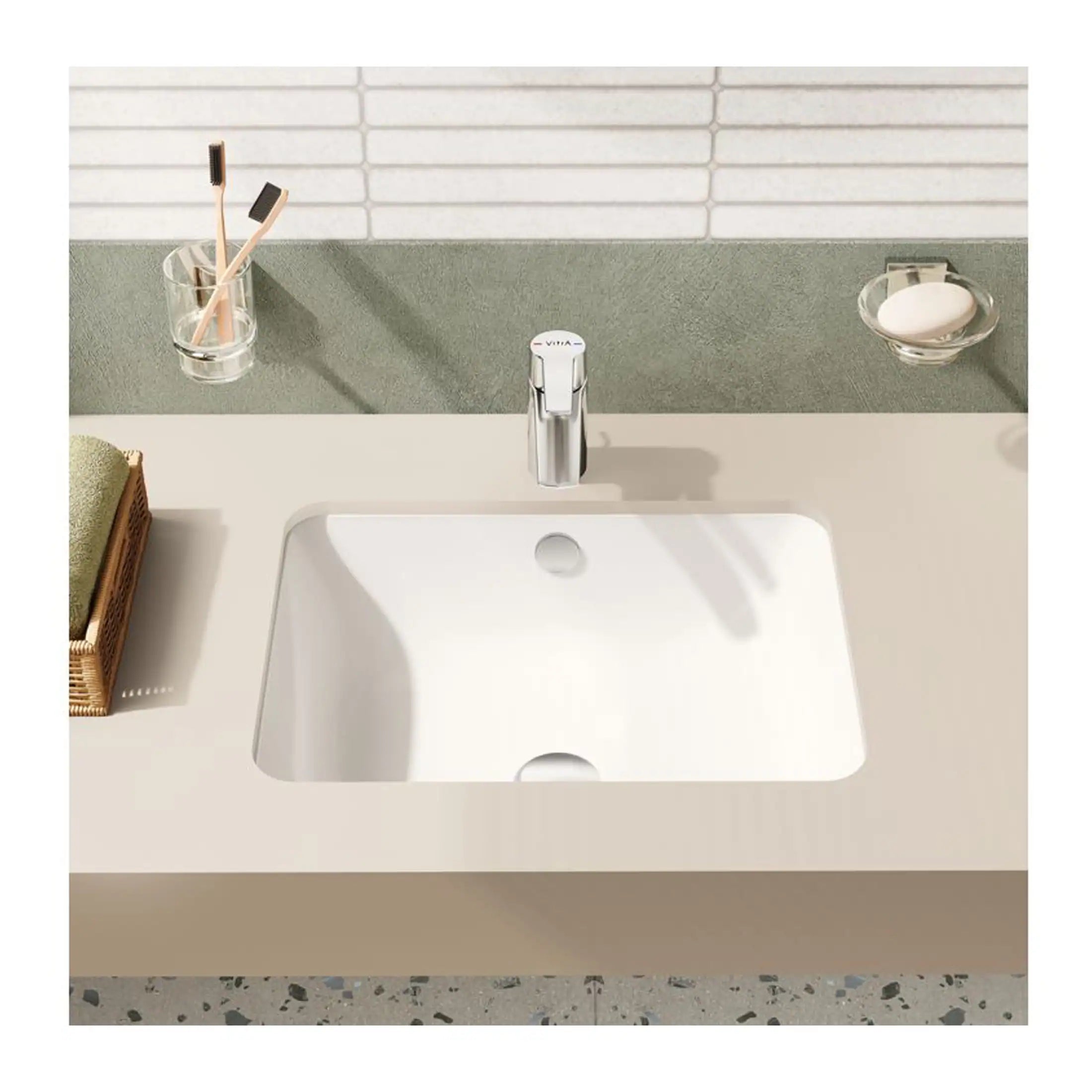 Bright modern bathroom sink with sleek chrome tap, minimalist design, and eco-friendly features, perfect for a contemporary bathroom remodel.