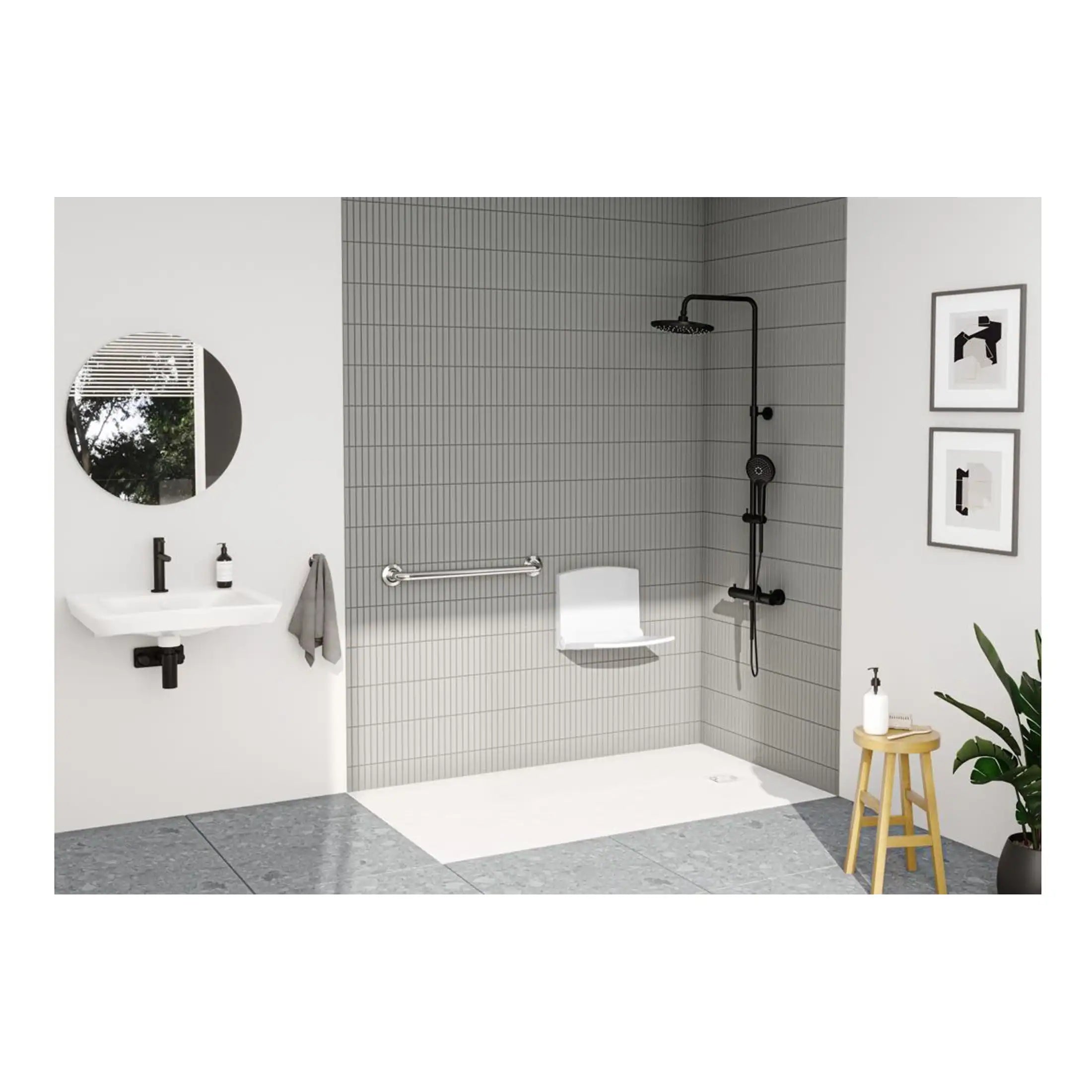 Modern accessible shower room with black fixtures, wall-mounted sink, and minimalist decor in a contemporary bathroom design.