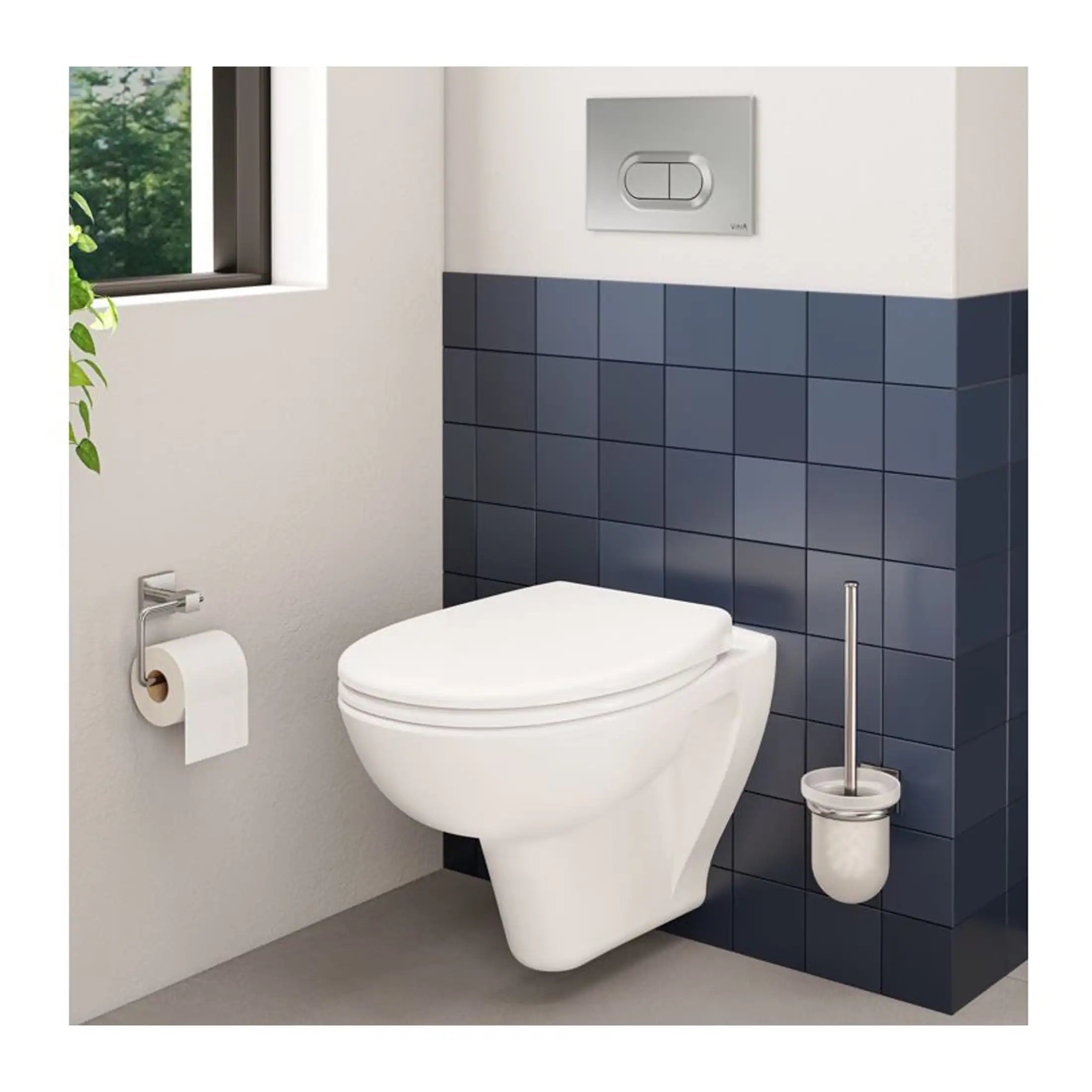 Sleek modern toilet with concealed cistern and wall-mounted flush plate in contemporary bathroom setting. Designed for style and functionality, ideal for luxury bathroom renovations.