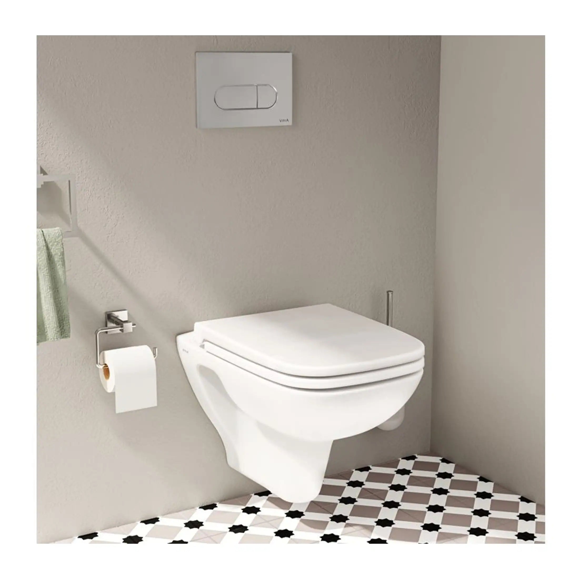 Sleek modern wall-mounted toilet with dual-flush system, set against a neutral bathroom wall with patterned floor tiles, highlighting contemporary British bathroom design.