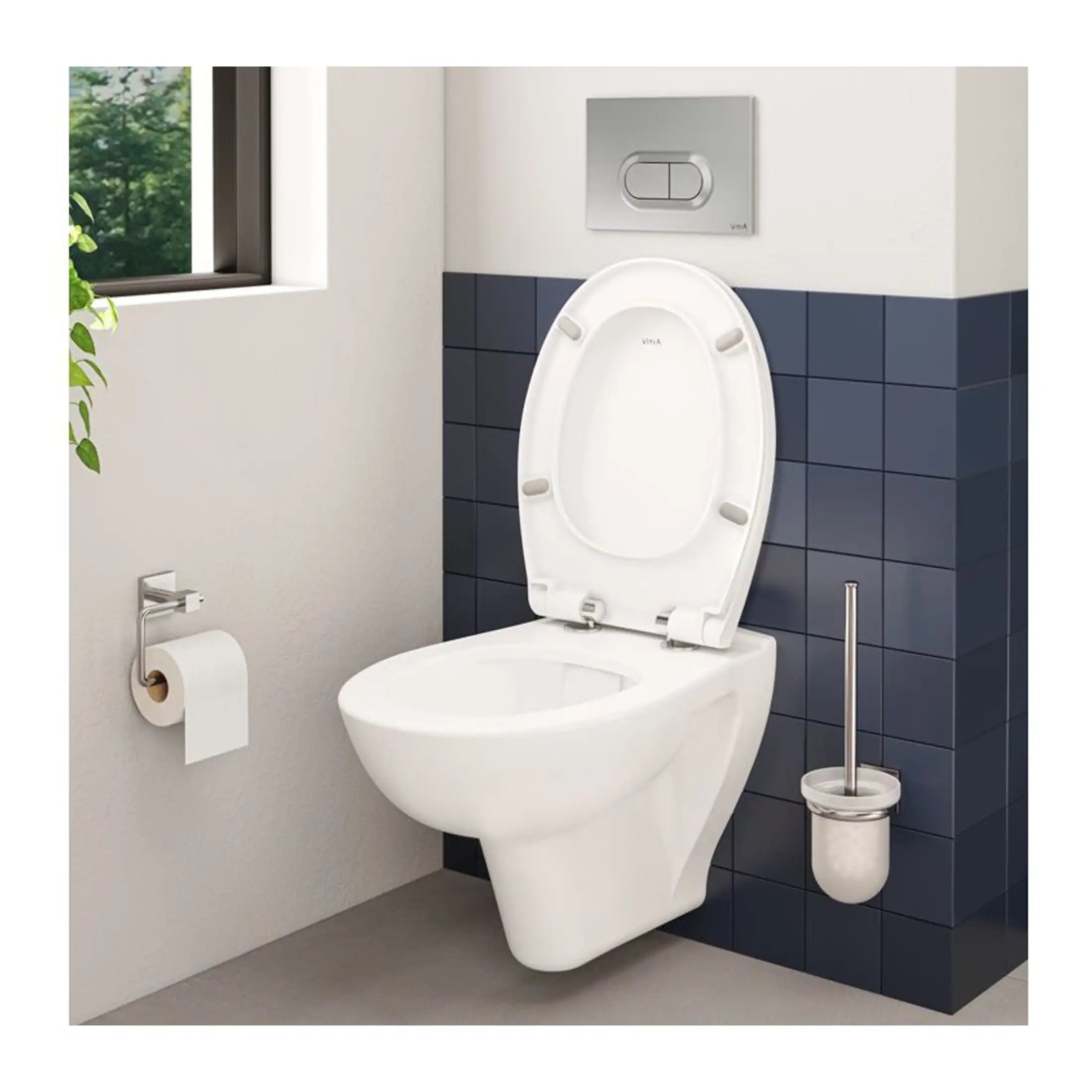 Contemporary white toilet with dual flush system, toilet brush, and toilet paper holder in modern bathroom with navy tiled accent wall and natural light from nearby window.