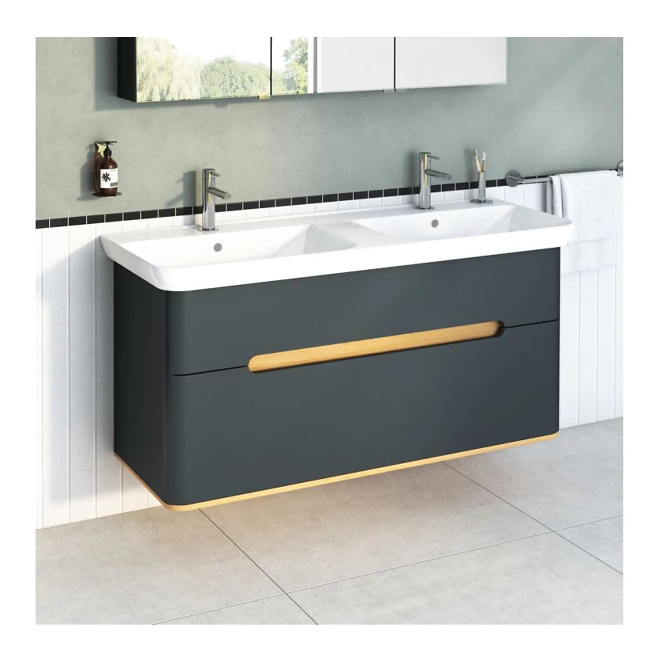 Elegant modern double bathroom vanity with integrated sinks, sleek black finish, and natural wood accents, perfect for contemporary bathroom designs.