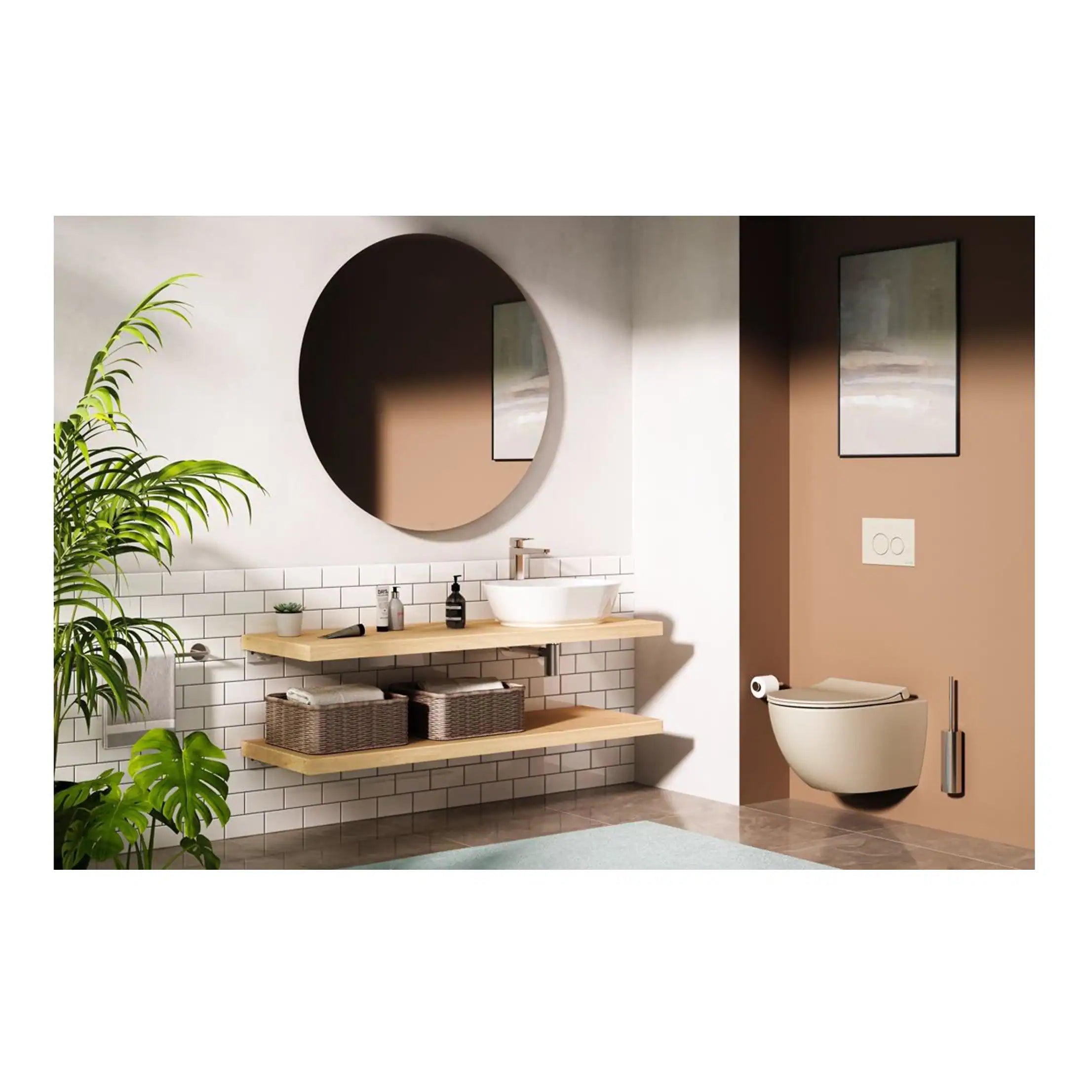 Contemporary bathroom featuring a wall-mounted toilet, sleek ceramics, modern round mirror, floating wooden vanity with basin, stylish accessories, and natural decor, designed for aesthetics and functionality.
