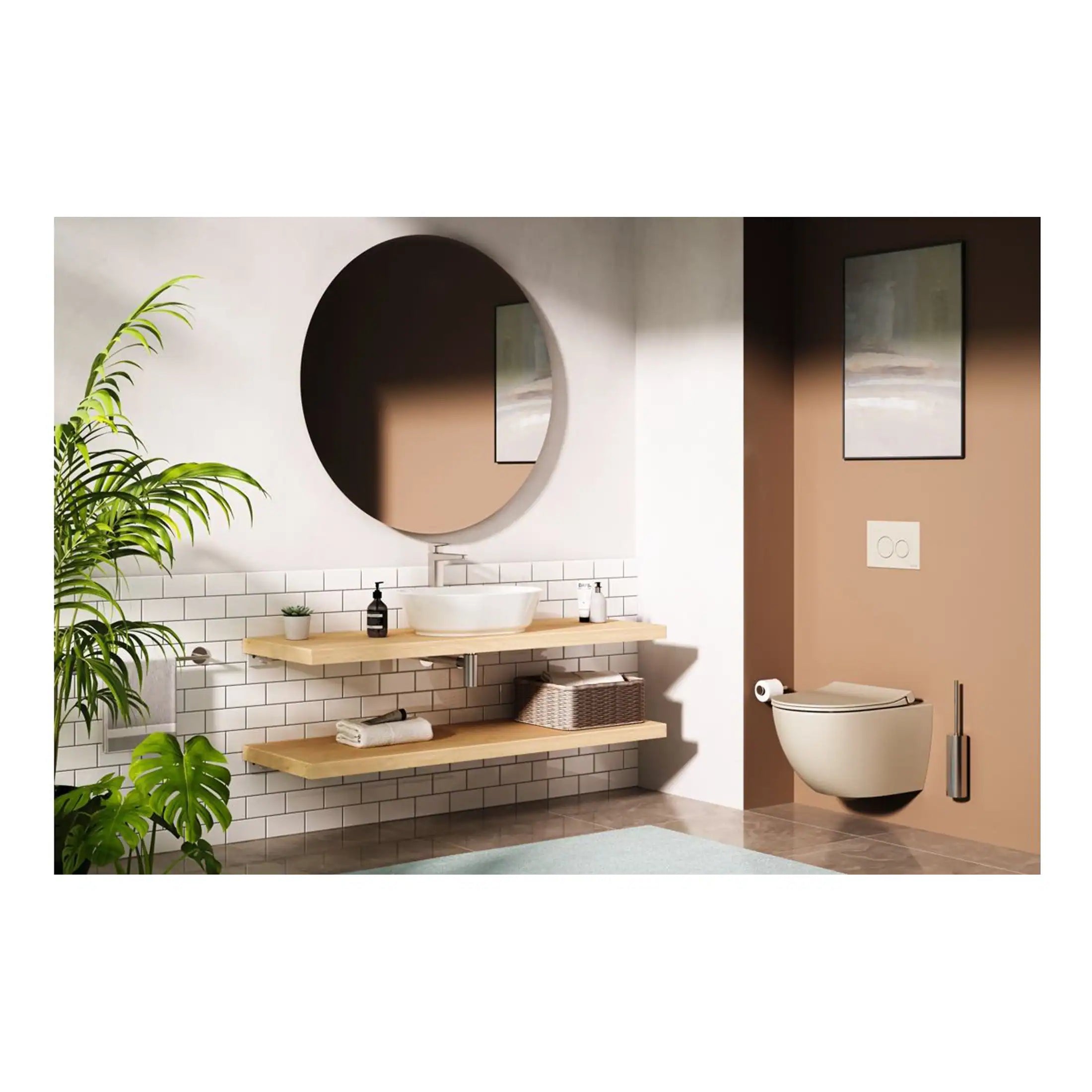 Contemporary bathroom design featuring a wall-mounted toilet, a stylish above-counter basin on a wooden vanity with a large circular mirror and modern decor for a sleek, minimalistic look.
