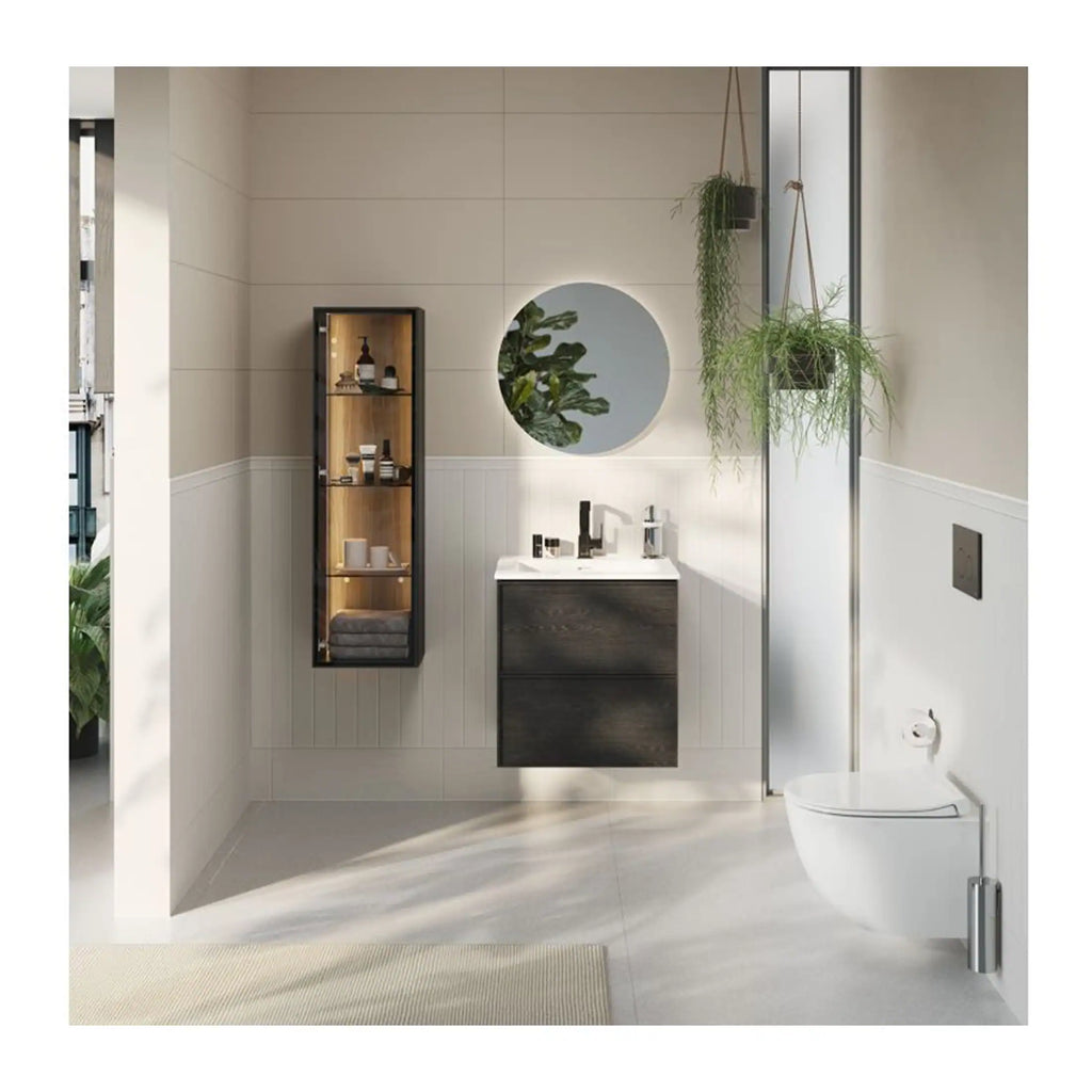 Modern minimalist bathroom with sleek black vanity, illuminated round mirror, wall-mounted toilet, and hanging greenery for a contemporary bathroom design.