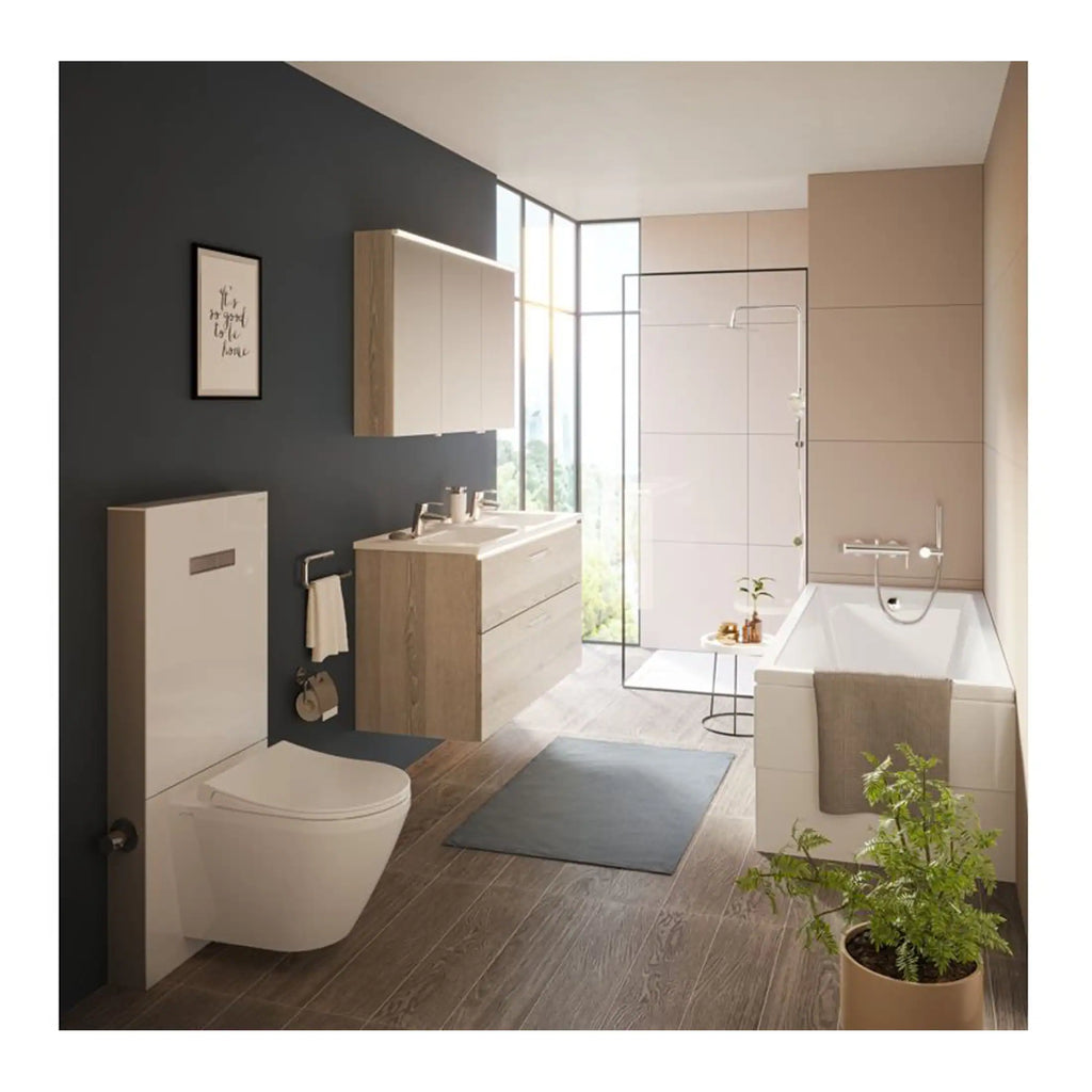 Modern minimalist bathroom with walk-in shower, floating vanity, and contemporary fixtures, featuring natural light and stylish decor for a sleek bathroom renovation.
