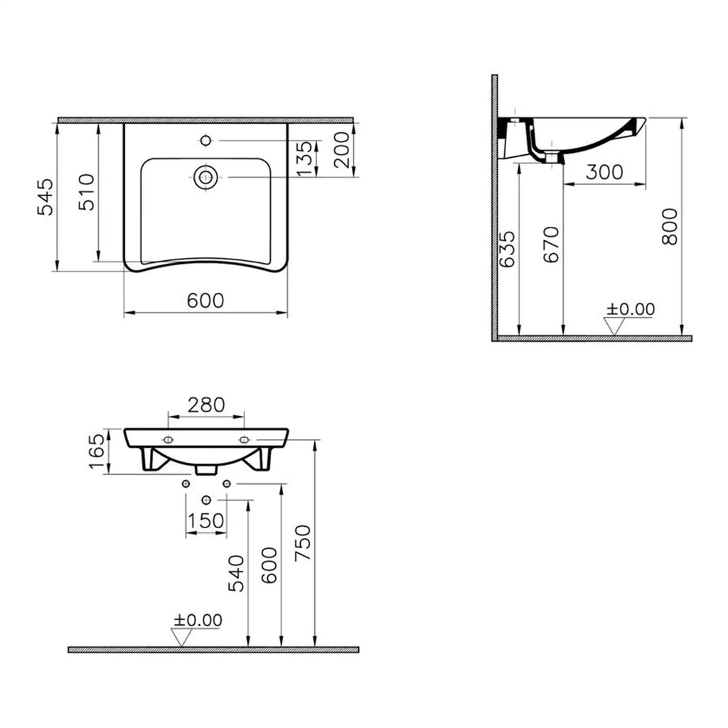 Precision technical drawing of a modern bathroom sink with detailed dimensions for installation and design, perfect for bathroom renovation projects.