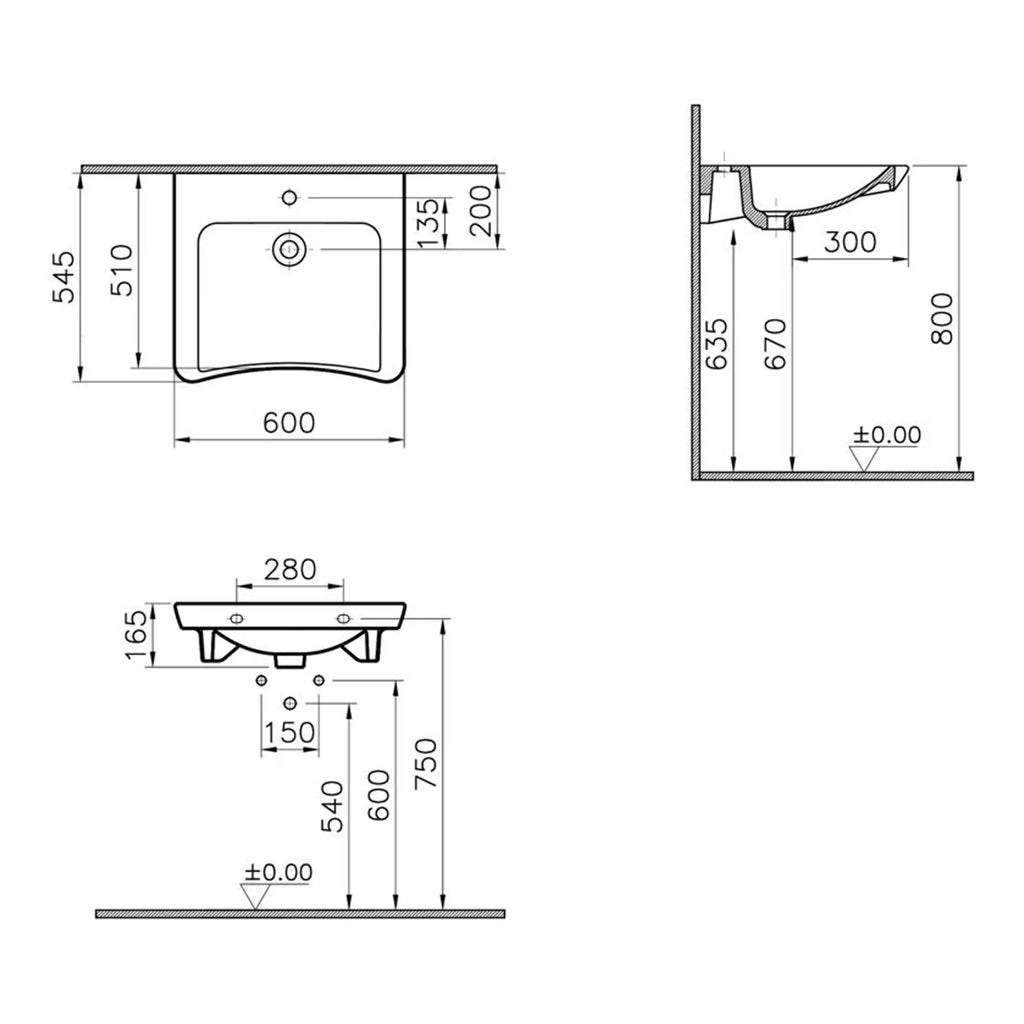 Precision bathroom sink and cabinet technical drawing with detailed measurements for custom installation, featuring front, side, and top views for optimal bathroom design planning.