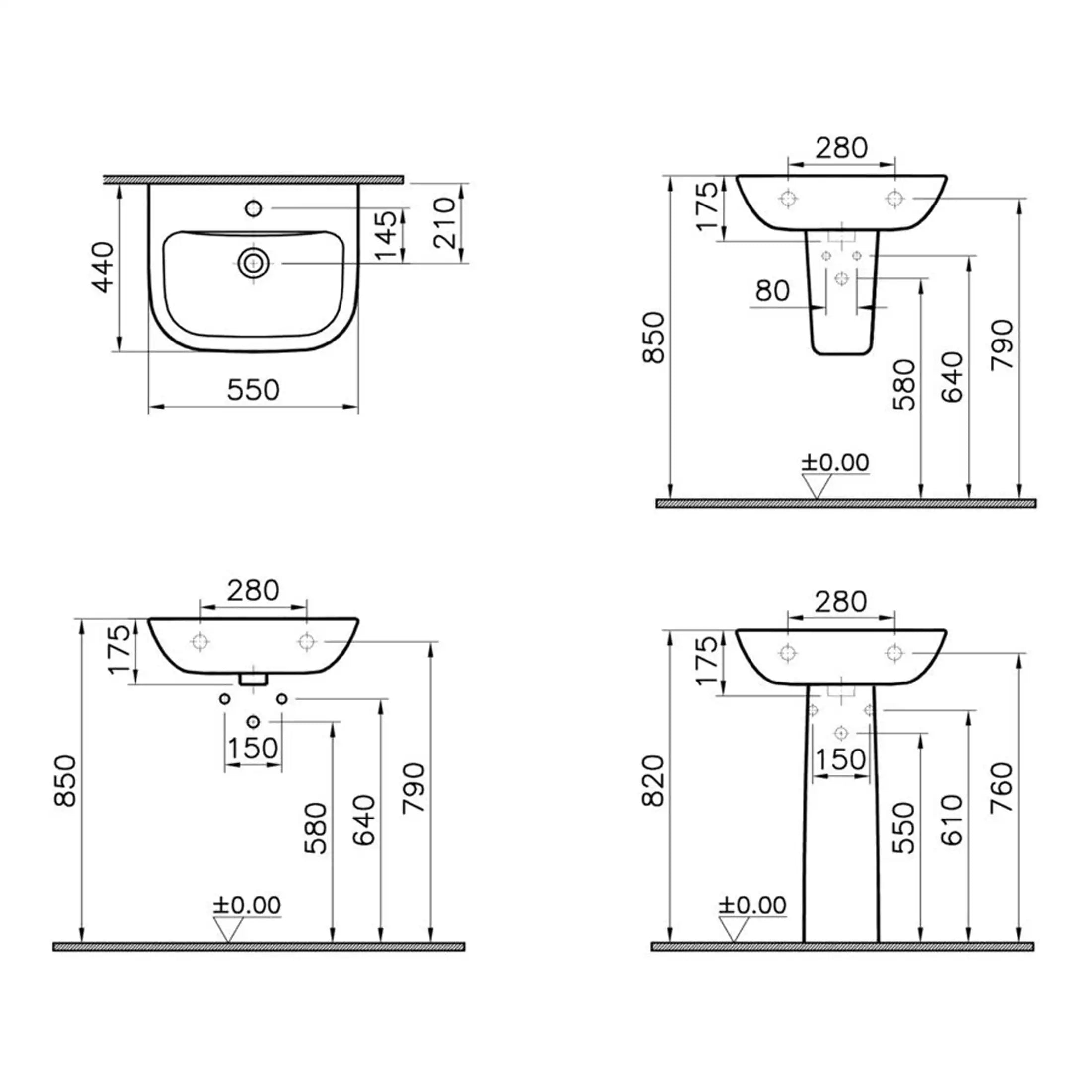 Elegant bathroom sink technical drawings with precise measurements for modern bathroom design and installation. Perfect for planning bathroom renovations and ensuring optimal fit and functionality.