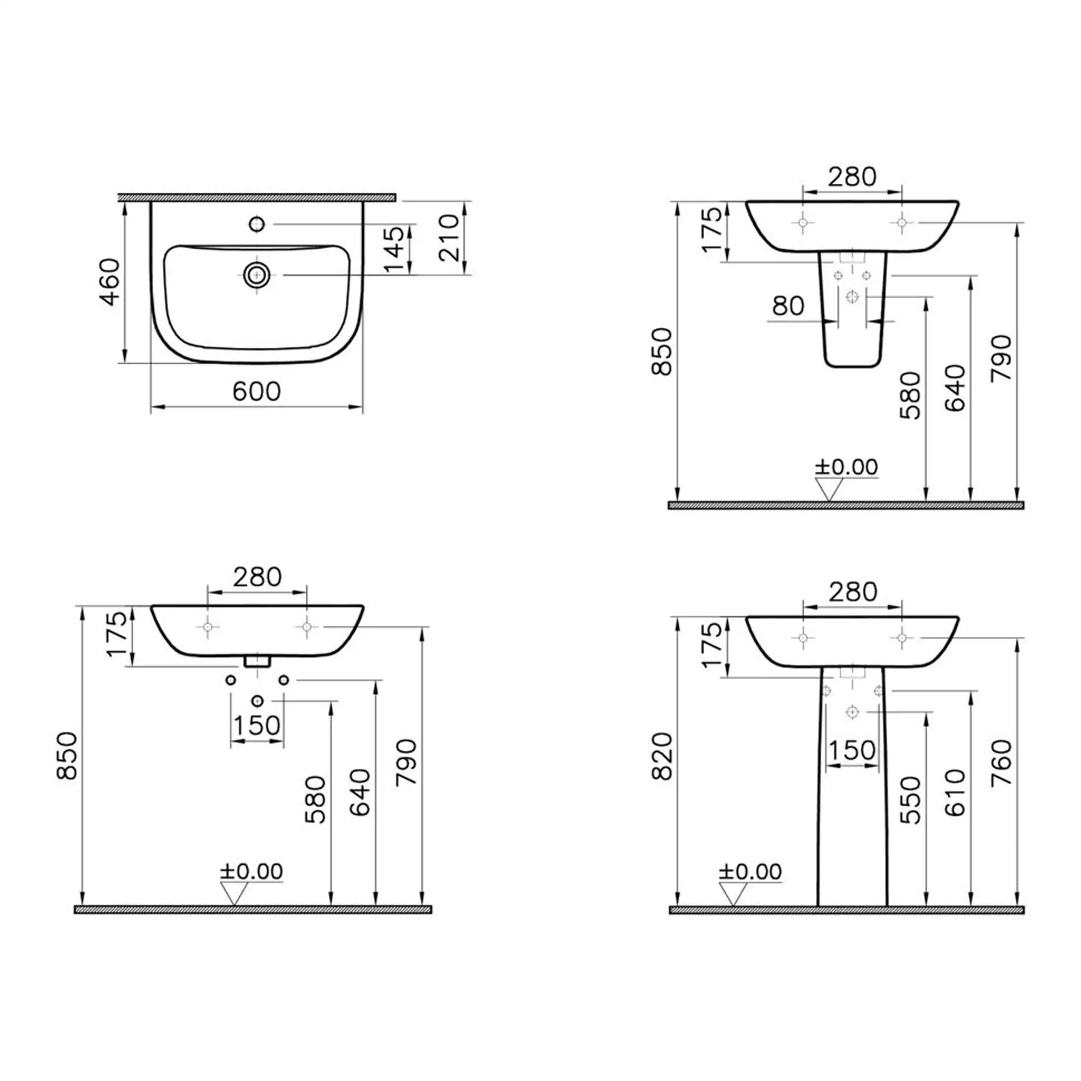 Modern bathroom sink with detailed technical drawing, including dimensions for installation and design accuracy, ideal for Bathroom renovation and plumbing projects.