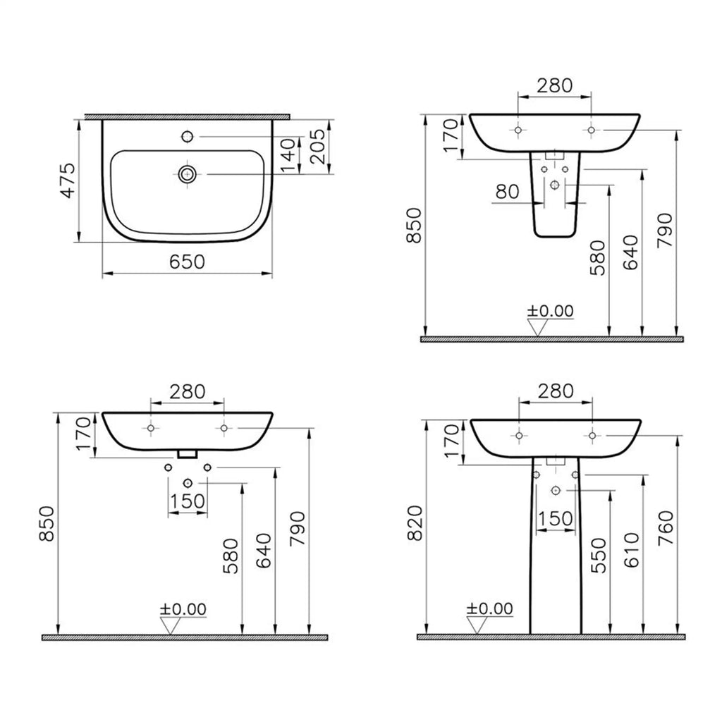 Modern bathroom sink and basin technical drawing with dimension measurements for bathroom design and renovation projects.