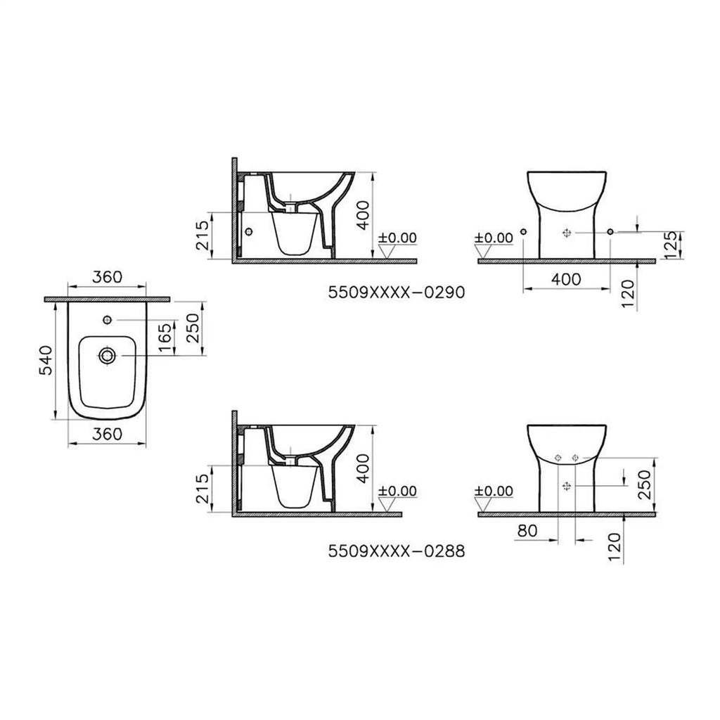 High-quality bathroom fixtures and design plans from Bubly Bathrooms showcasing modern toilet and bidet layouts with precise measurements for kitchen and bathroom renovation projects.