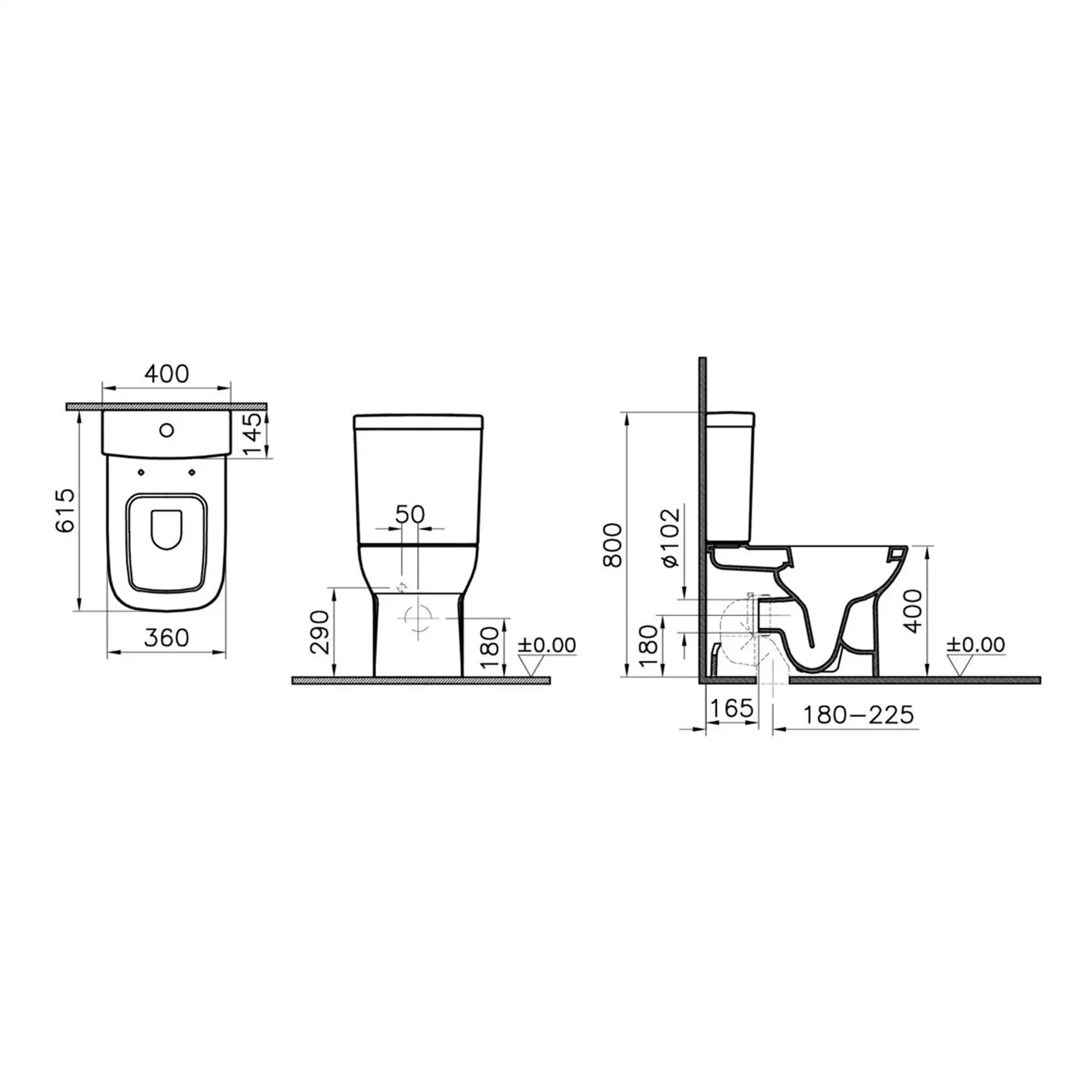 Modern bathroom toilet design with detailed technical schematics, including dimensions for installation, water inlet, and seat height, ideal for residential bathroom renovations.