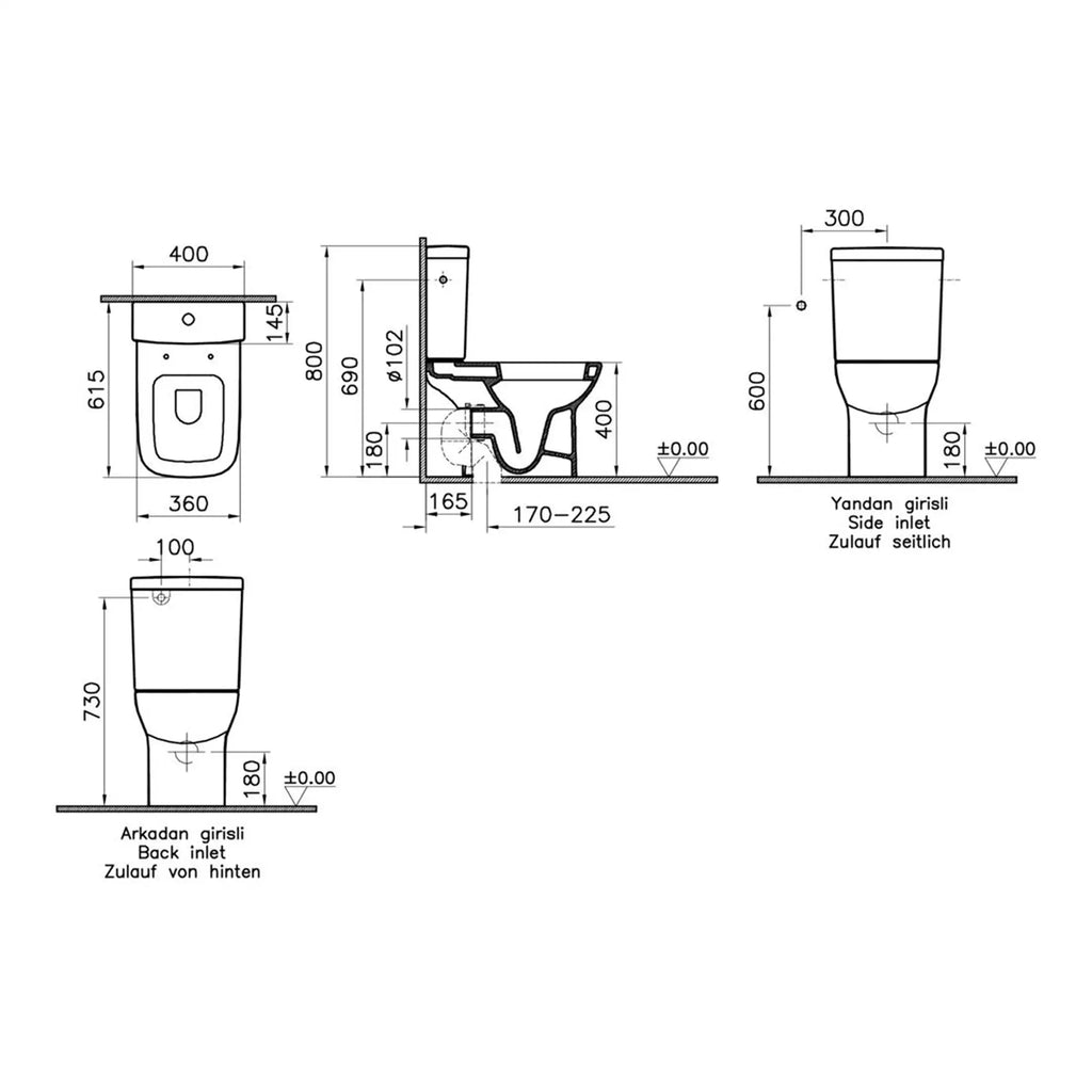 High-quality technical bathroom drawing of a modern toilet with detailed measurements for precise installation, showcasing side, front, and back views for ideal bathroom design.