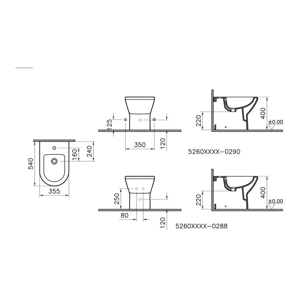 All-in-one bathroom fixture technical drawing with measurements for toilet, bidet, and wall installation details, ideal for bathroom design and renovation planning.