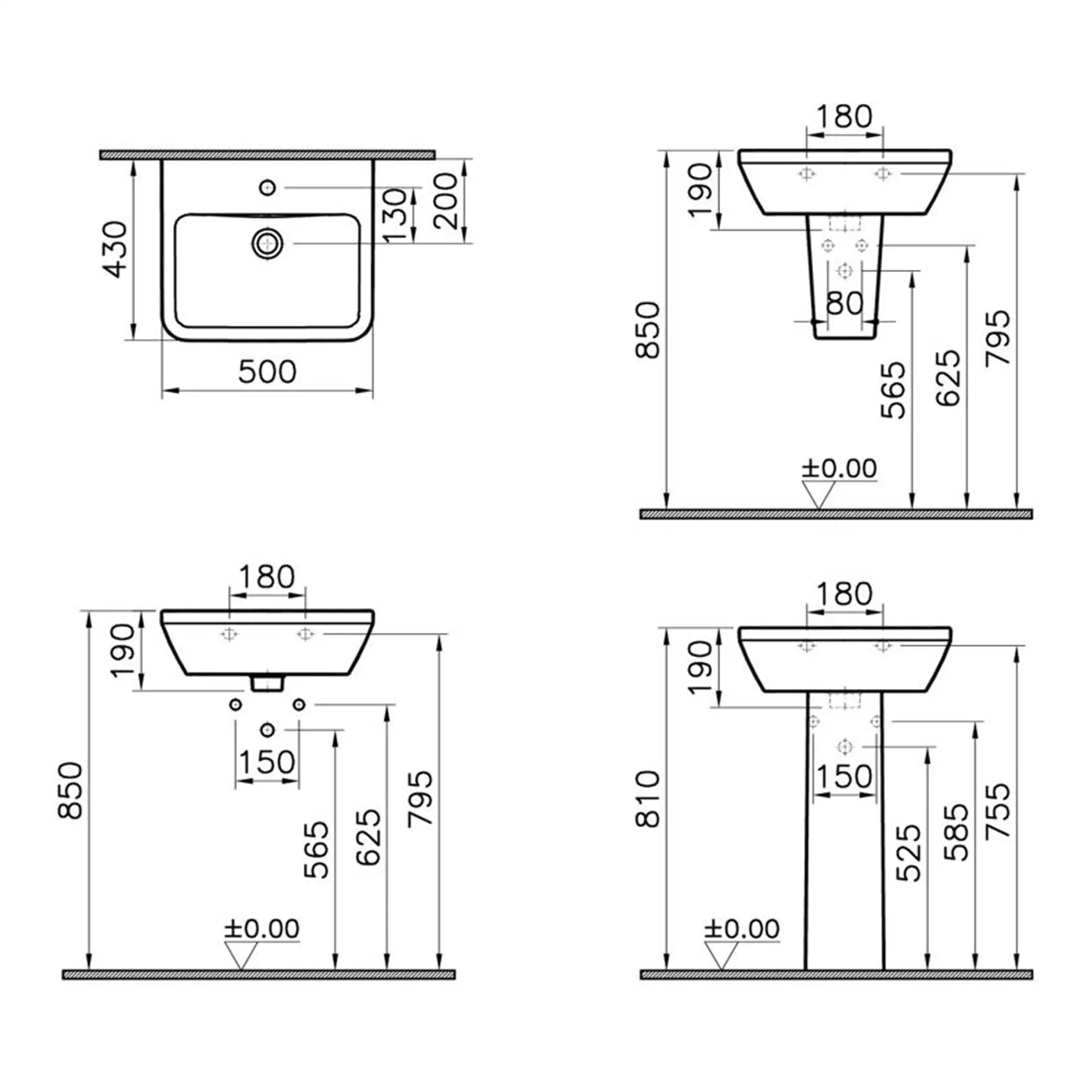 High-quality bathroom sink technical drawing with precise dimensions, ideal for bathroom renovation and installation projects, showcasing modern bathware design from Bubly Bathrooms.