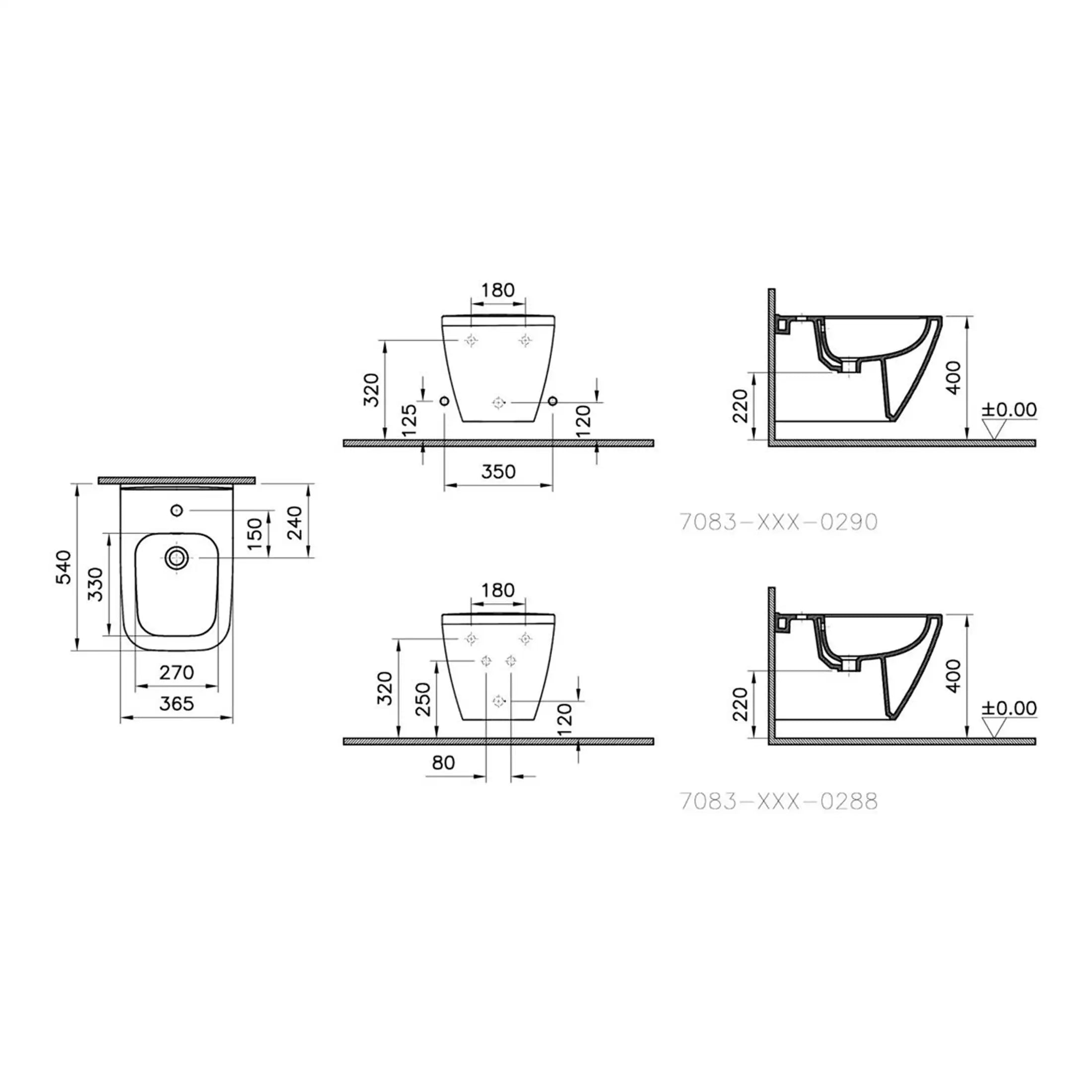 Modern toilet design with precise measurements for bathroom refurbishment, including front, side, and back elevation drawings for optimal space planning and installation.
